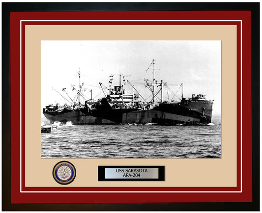 USS Sarasota APA-204 Framed Navy Ship Photo Burgundy