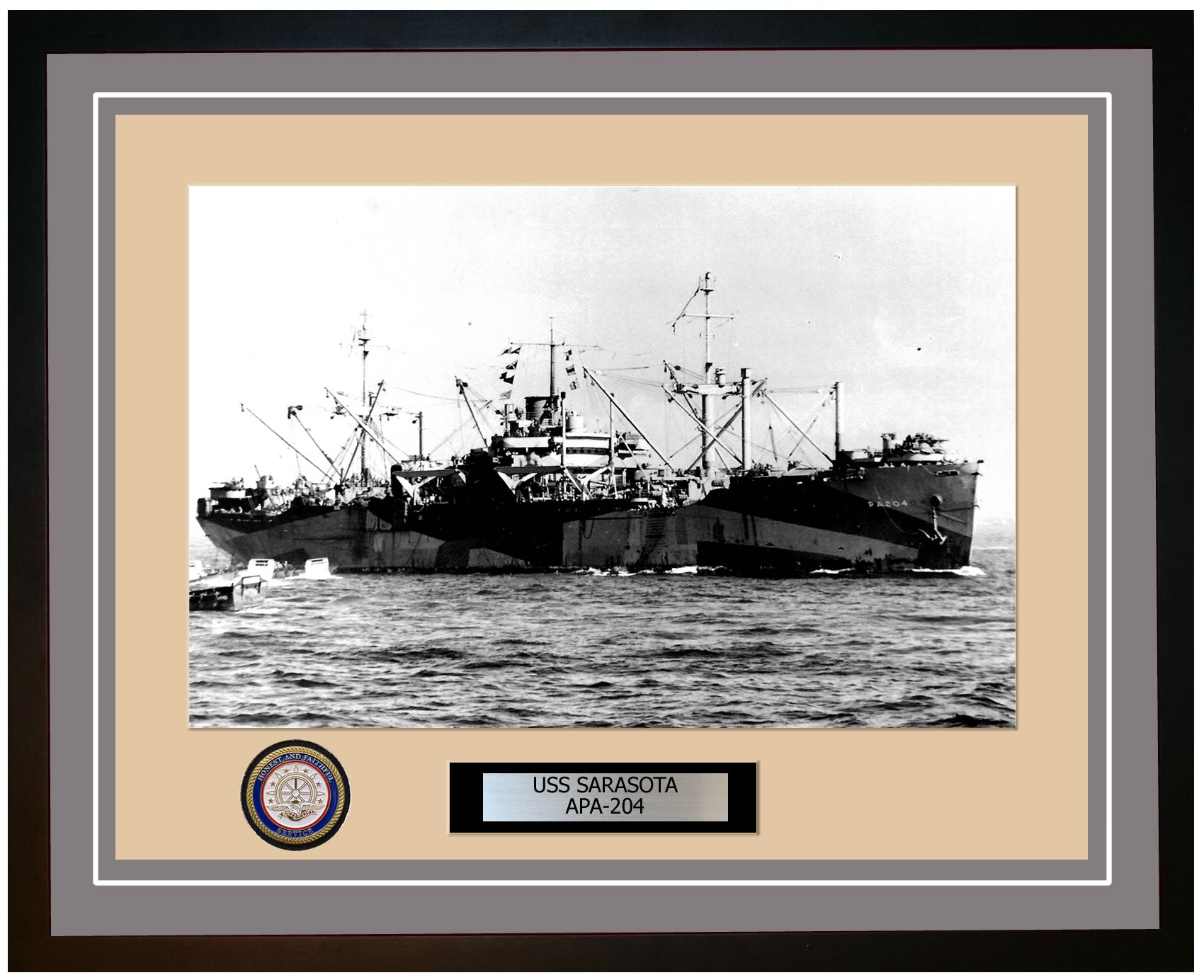 USS Sarasota APA-204 Framed Navy Ship Photo Grey