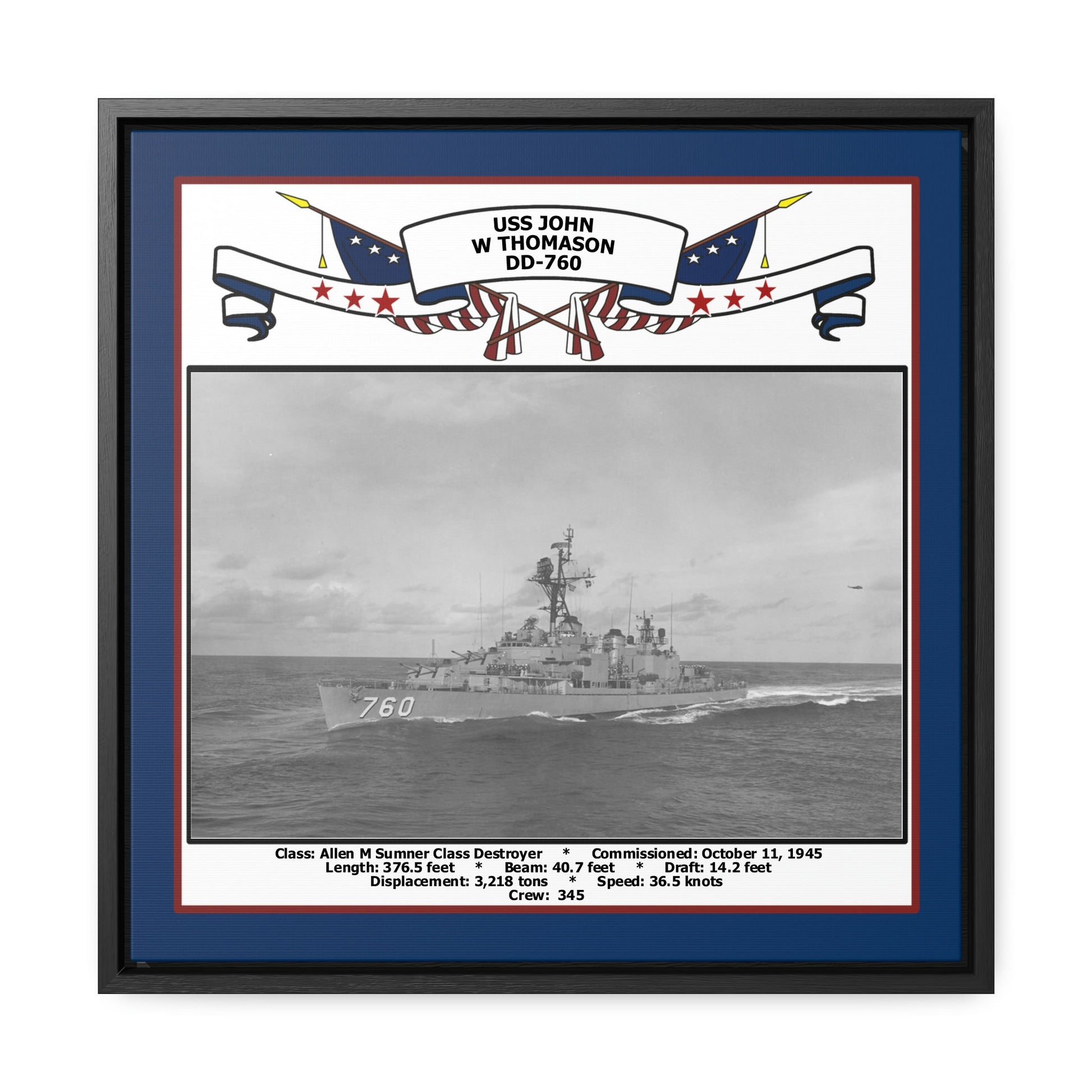 USS John W Thomason DD-760 Navy Floating Frame Photo Front View