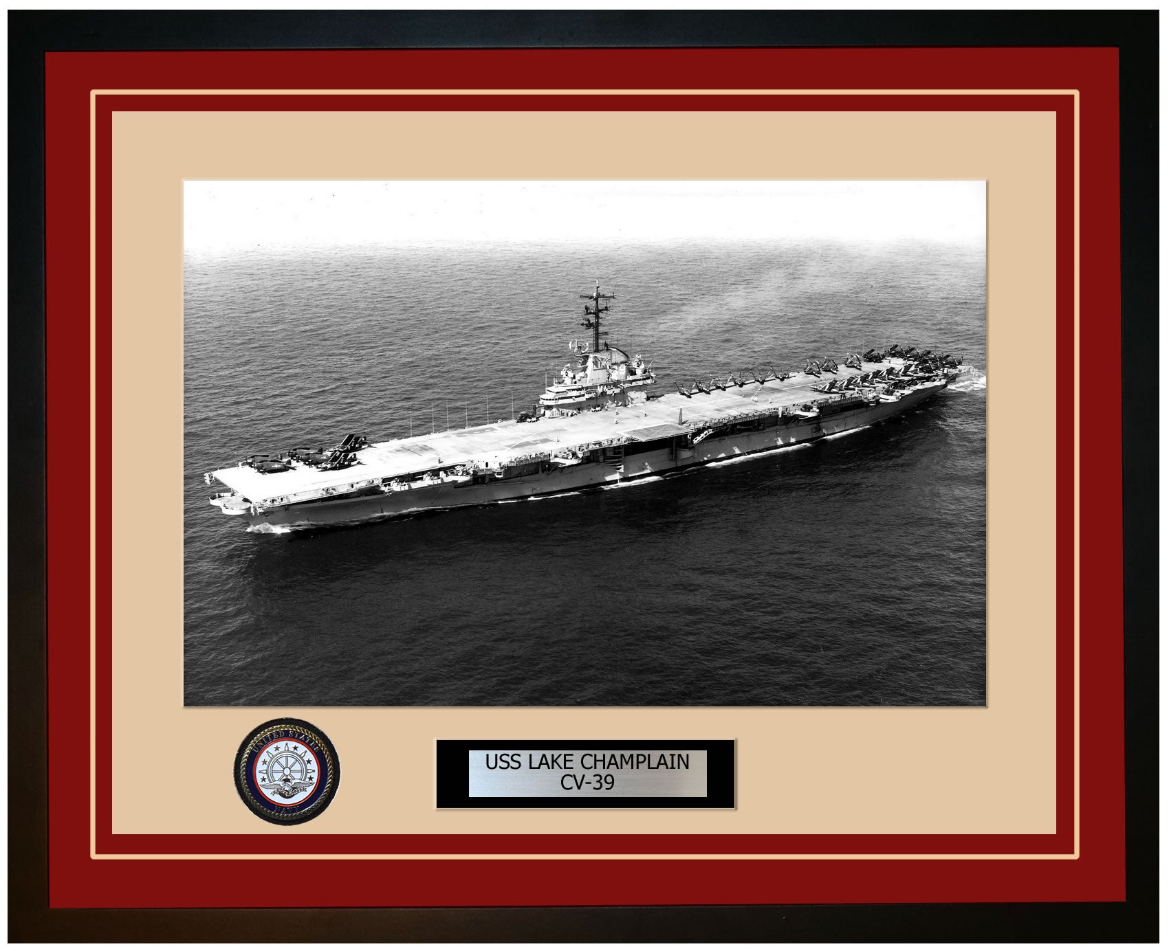 USS LAKE CHAMPLAIN CV-39 Framed Navy Ship Photo Burgundy