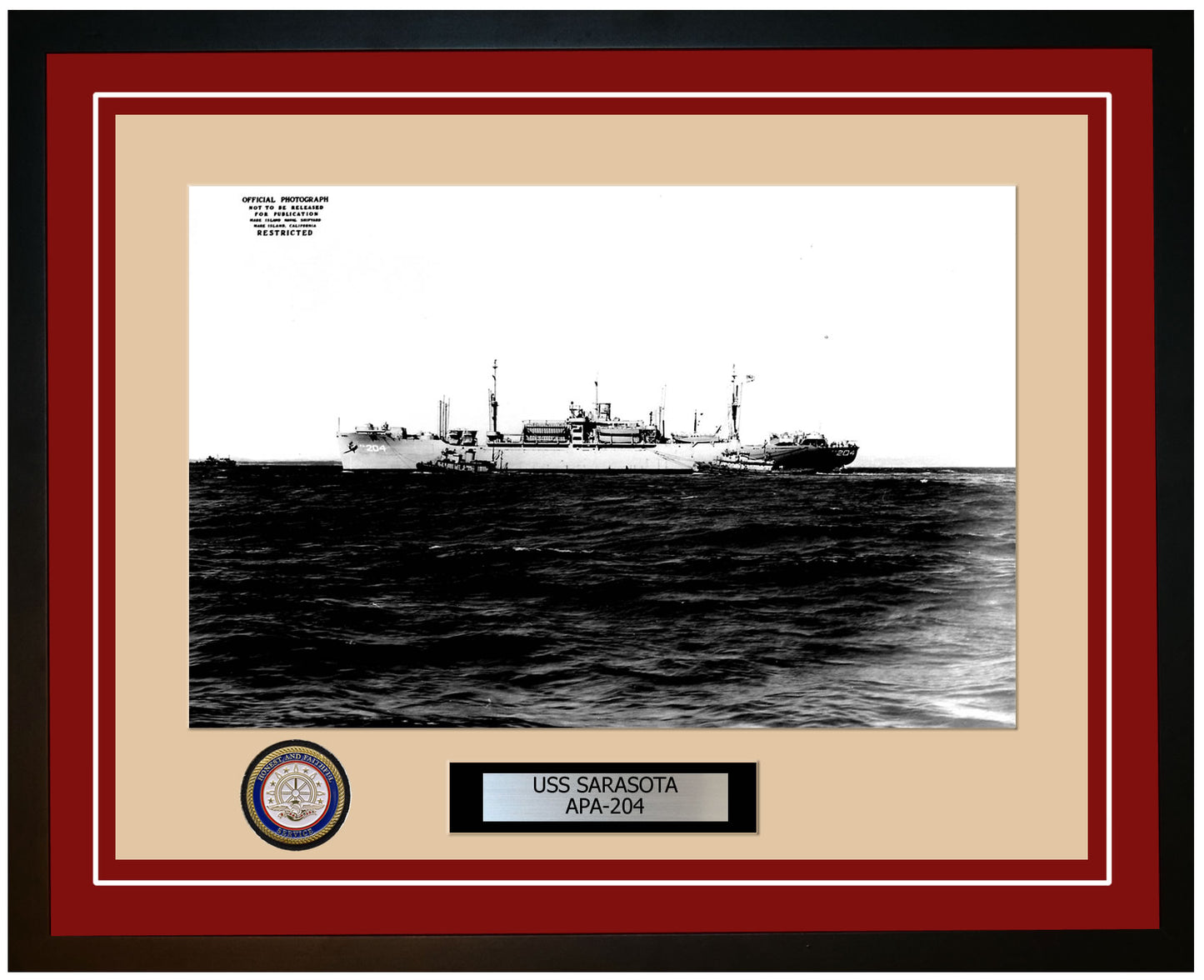 USS Sarasota APA-204 Framed Navy Ship Photo Burgundy
