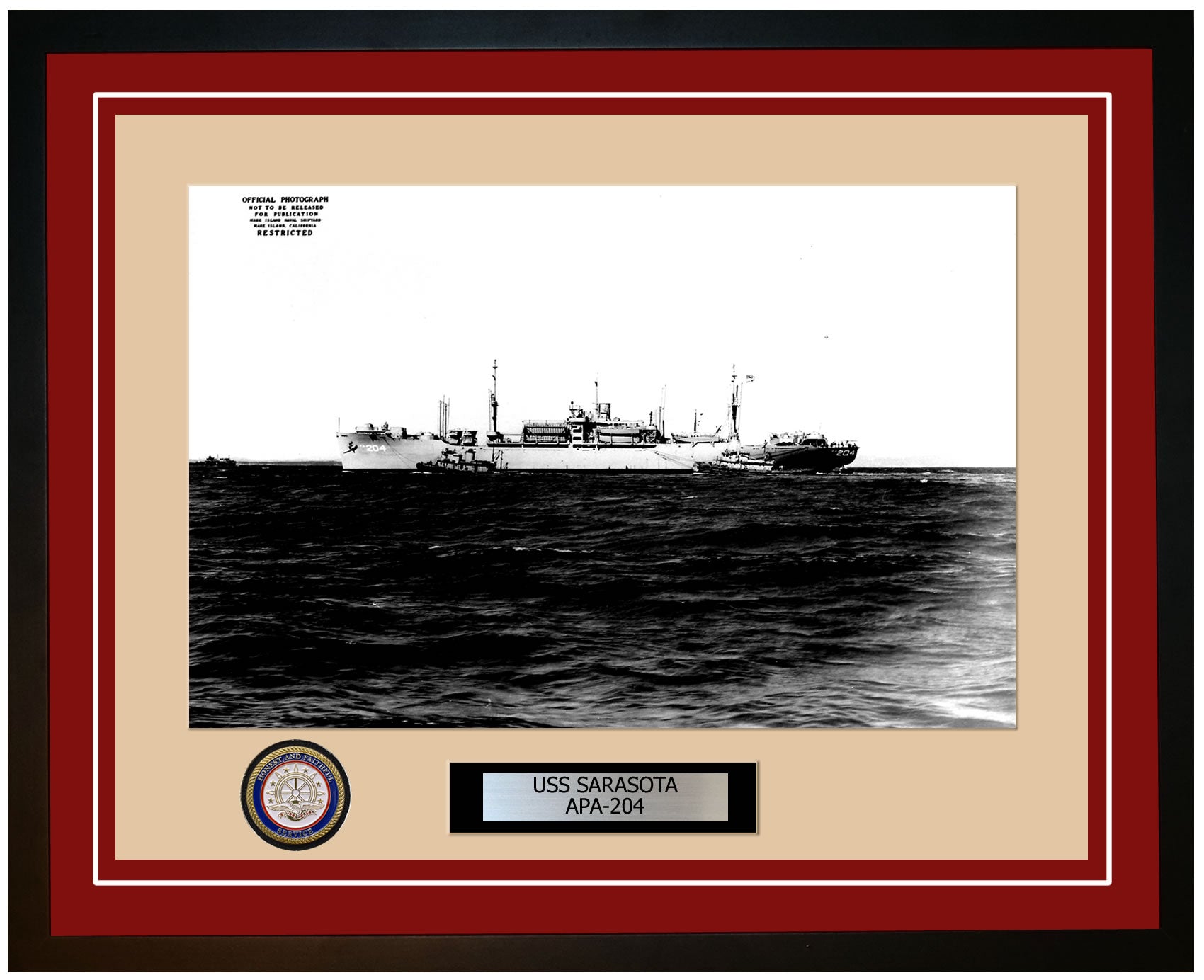 USS Sarasota APA-204 Framed Navy Ship Photo Burgundy