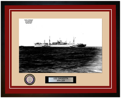 USS Sarasota APA-204 Framed Navy Ship Photo Burgundy