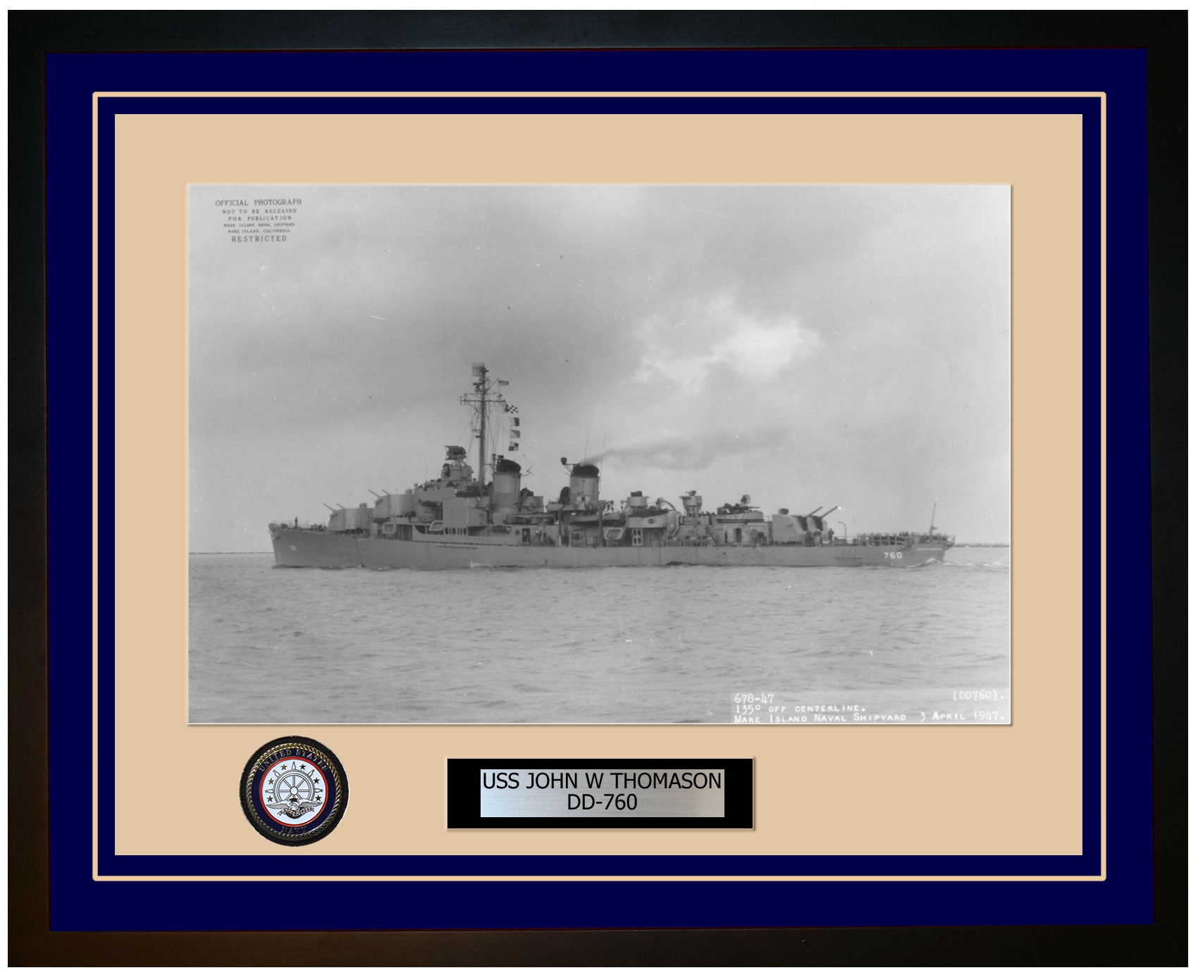 USS JOHN W THOMASON DD-760 Framed Navy Ship Photo Blue