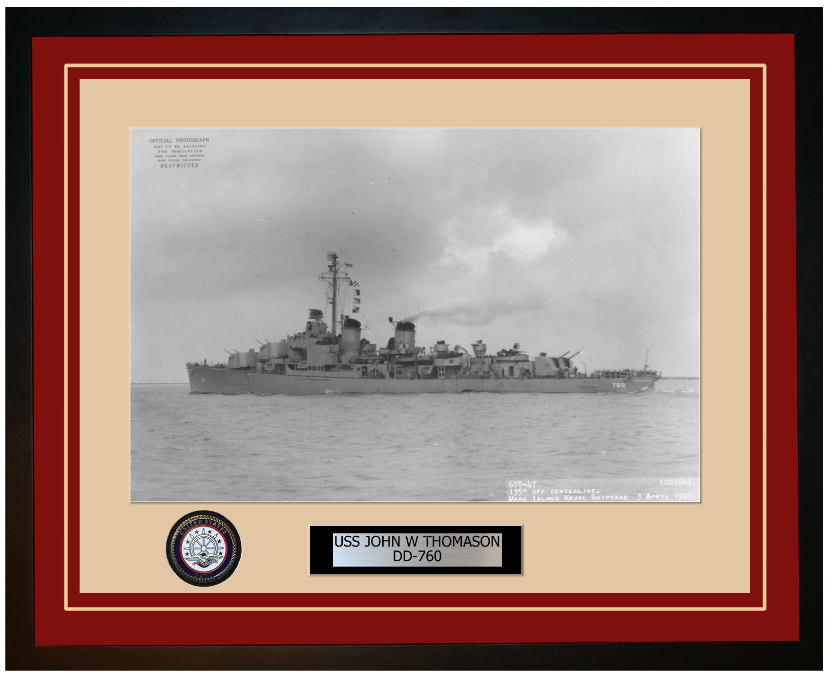 USS JOHN W THOMASON DD-760 Framed Navy Ship Photo Burgundy