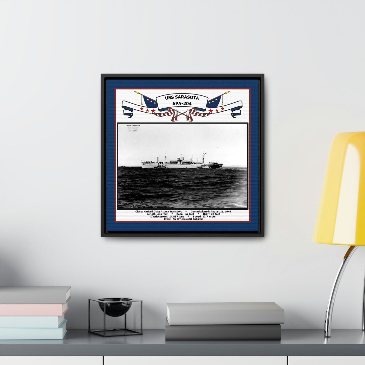 USS Sarasota APA-204 Navy Floating Frame Photo Desk View