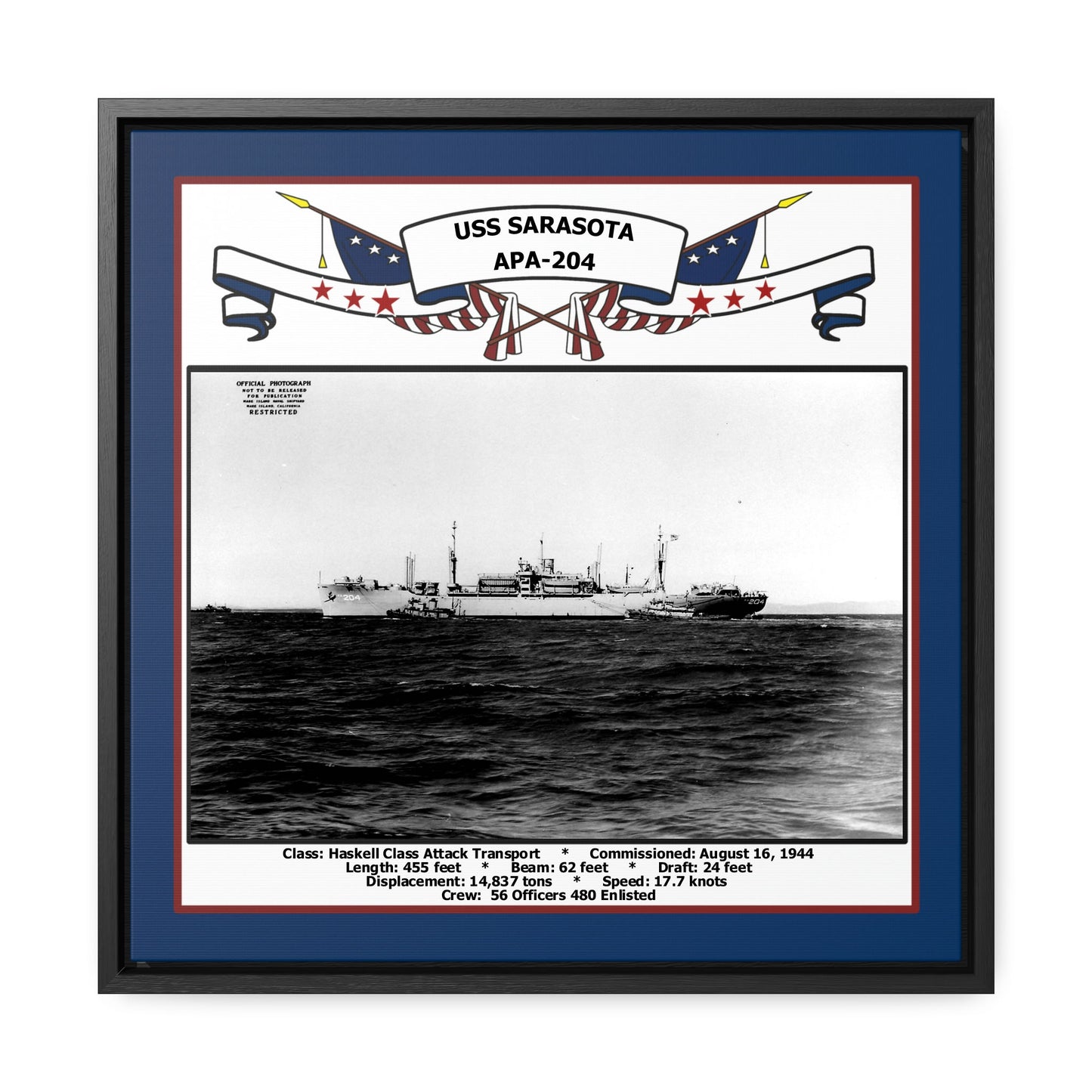 USS Sarasota APA-204 Navy Floating Frame Photo Front View