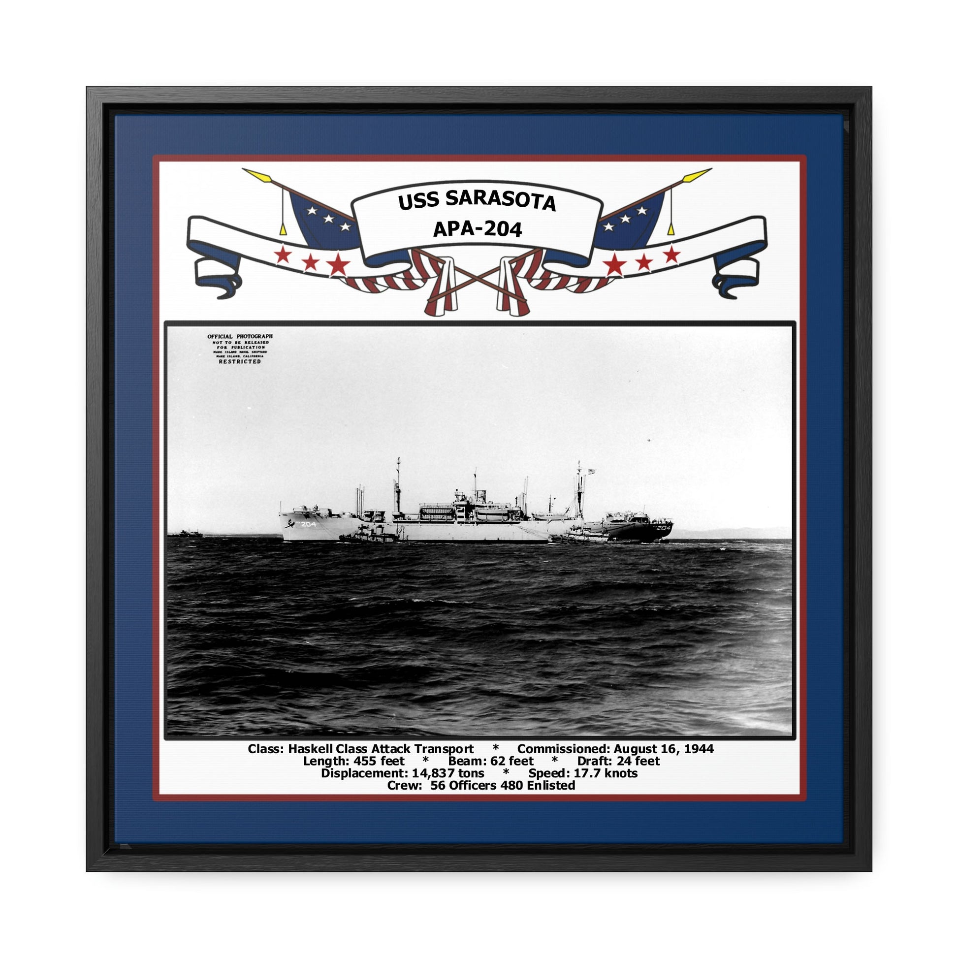 USS Sarasota APA-204 Navy Floating Frame Photo Front View
