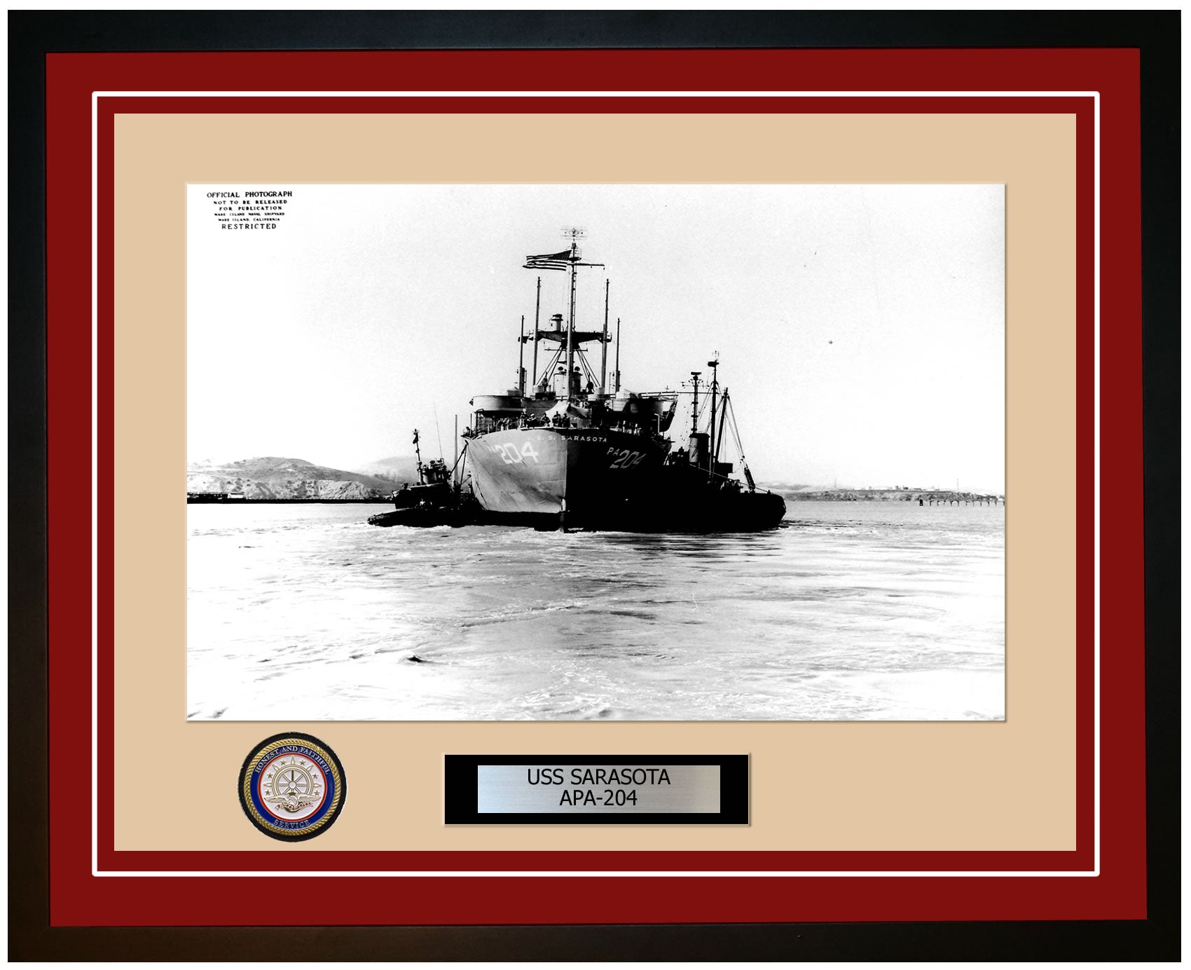 USS Sarasota APA-204 Framed Navy Ship Photo Burgundy