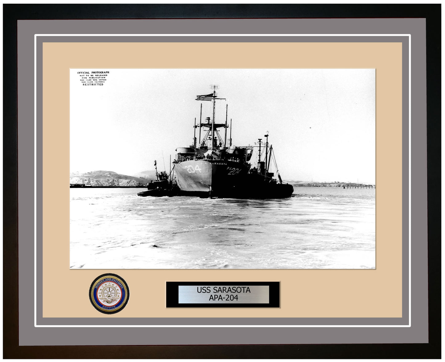 USS Sarasota APA-204 Framed Navy Ship Photo Grey