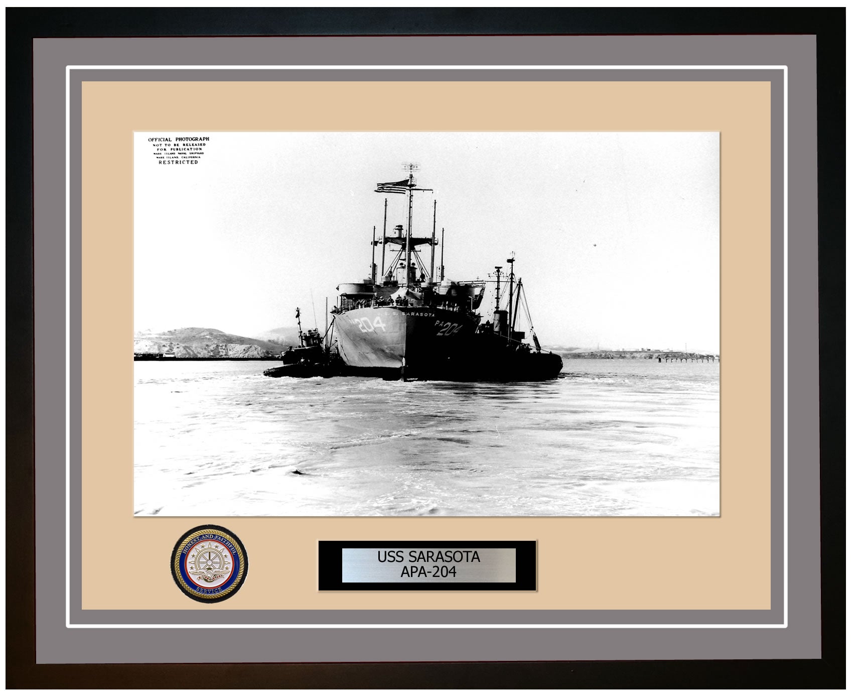 USS Sarasota APA-204 Framed Navy Ship Photo Grey