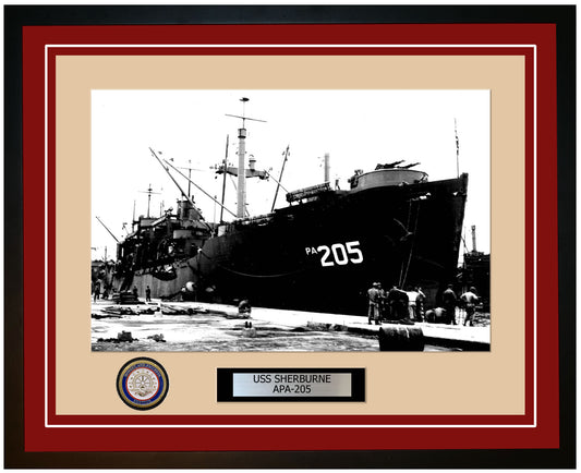 USS Sherburne APA-205 Framed Navy Ship Photo Burgundy