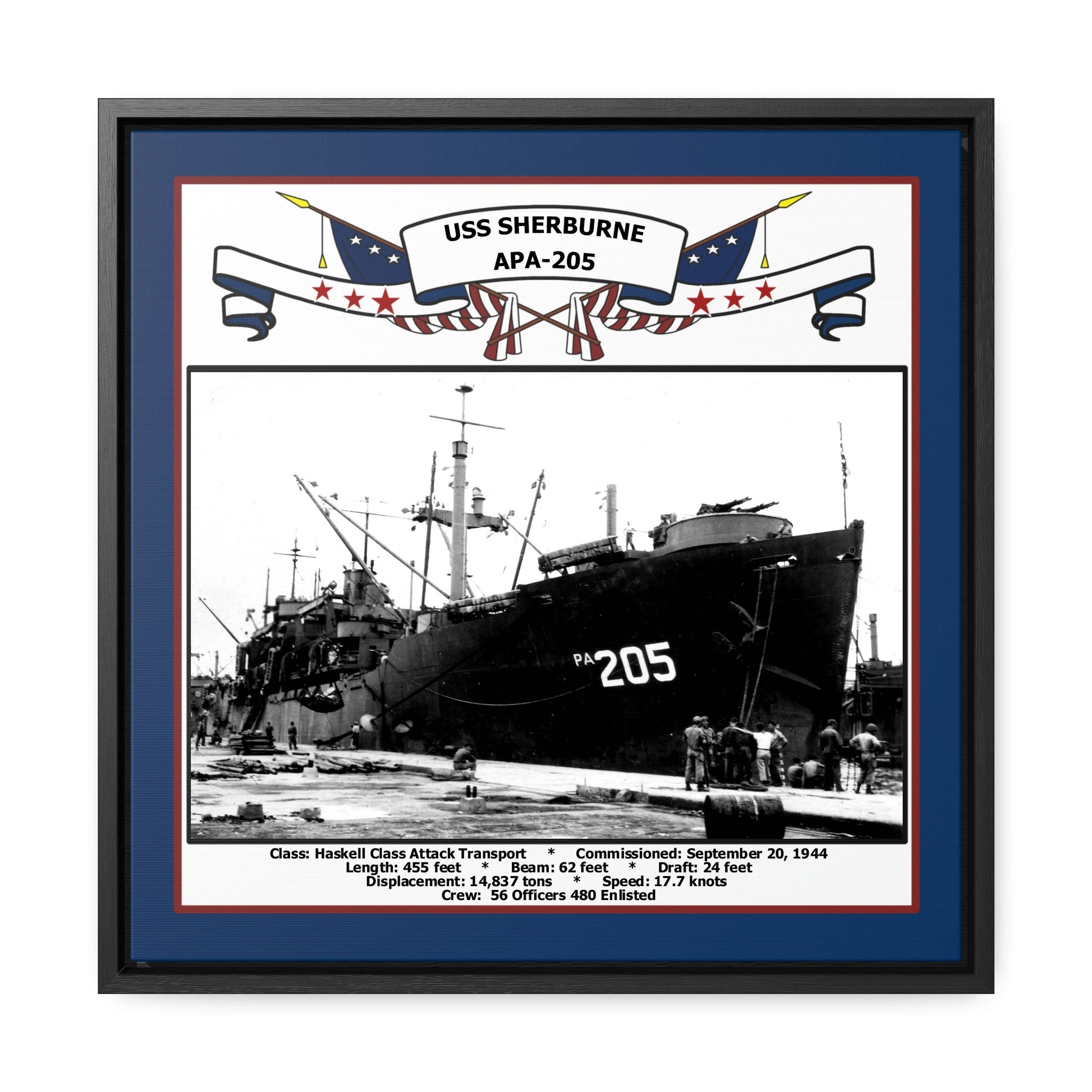 USS Sherburne APA-205 Navy Floating Frame Photo Front View