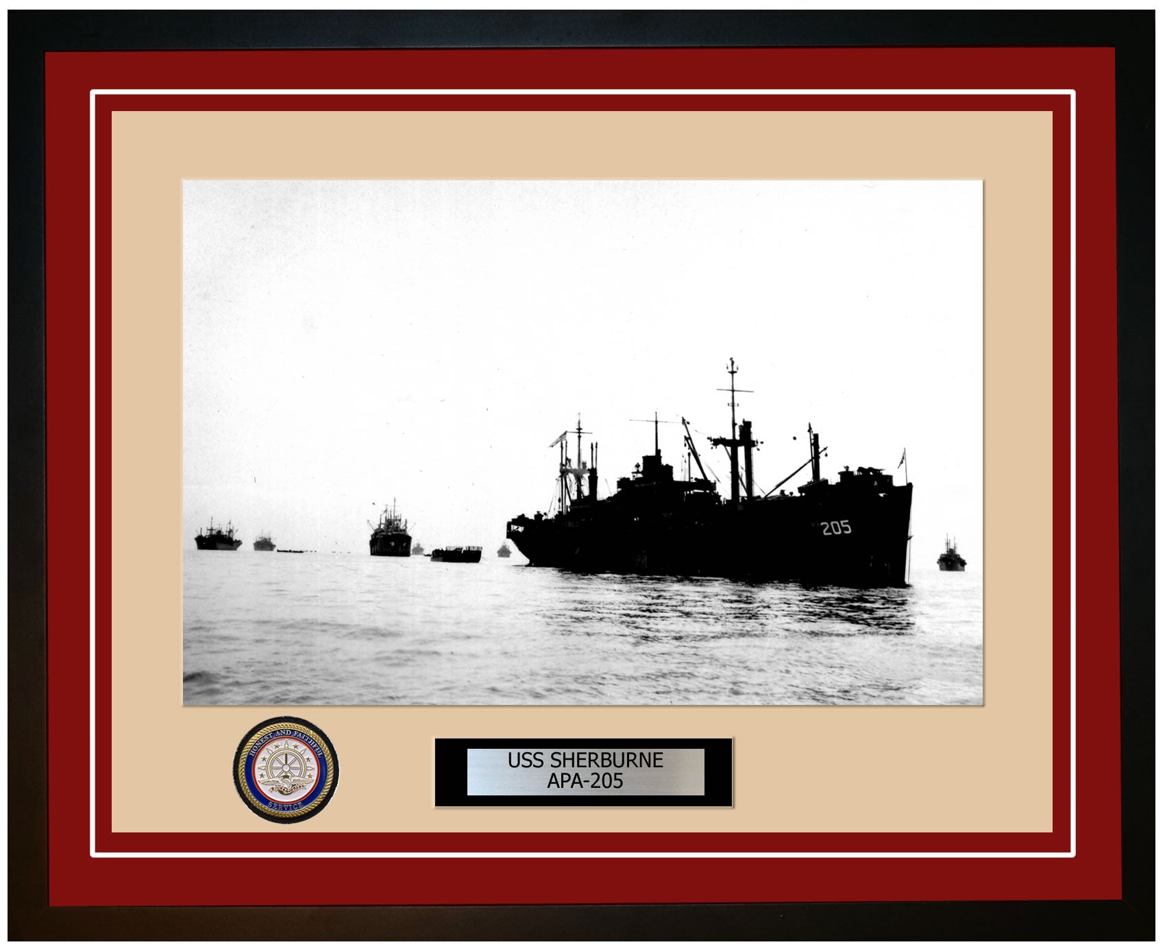USS Sherburne APA-205 Framed Navy Ship Photo Burgundy