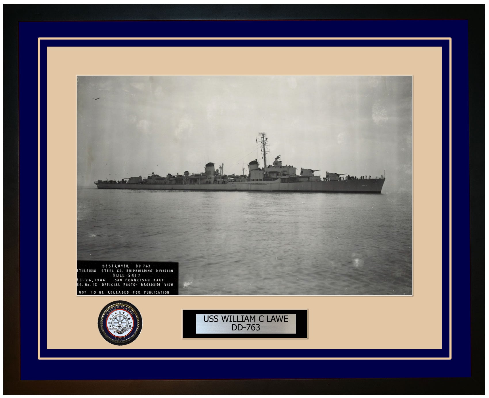 USS WILLIAM C LAWE DD-763 Framed Navy Ship Photo Blue