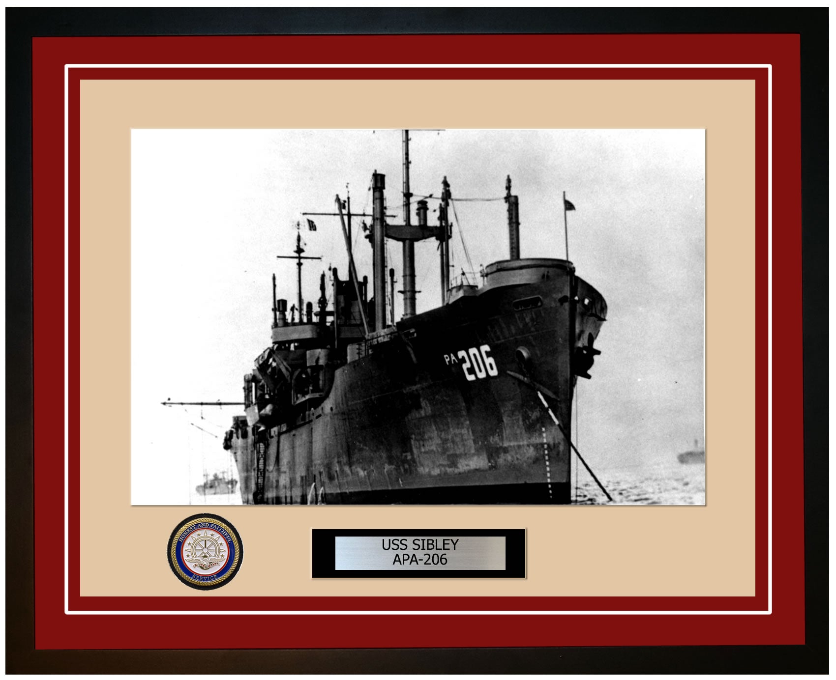 USS Sibley APA-206 Framed Navy Ship Photo Burgundy