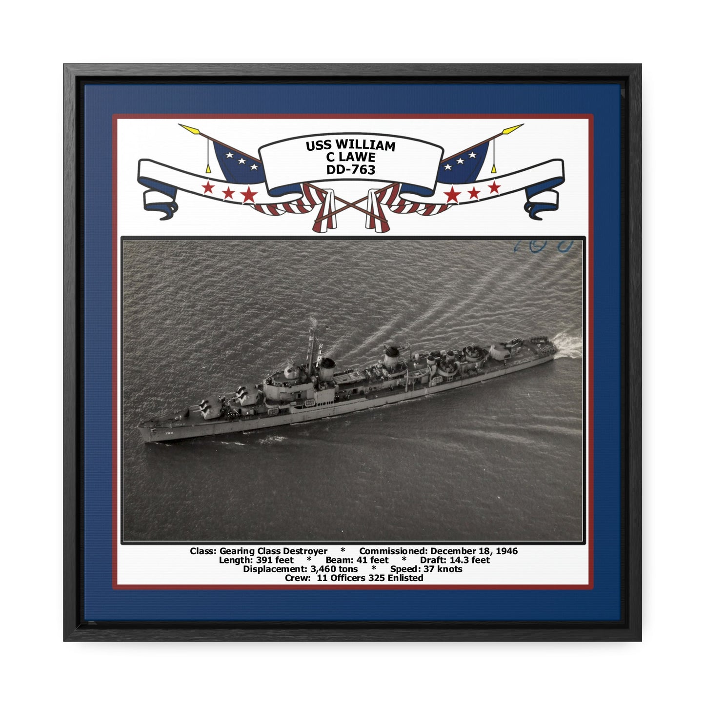 USS William C Lawe DD-763 Navy Floating Frame Photo Front View