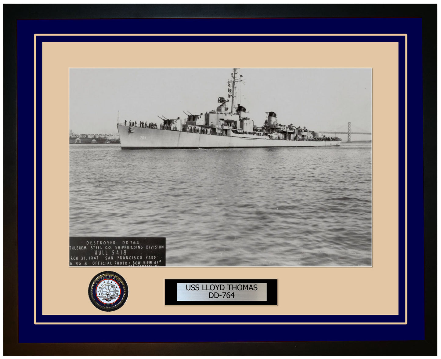 USS LLOYD THOMAS DD-764 Framed Navy Ship Photo Blue