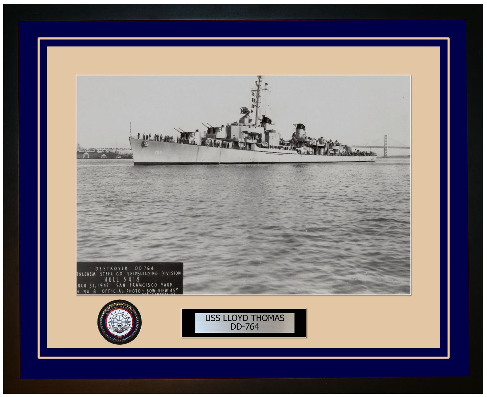 USS LLOYD THOMAS DD-764 Framed Navy Ship Photo Blue