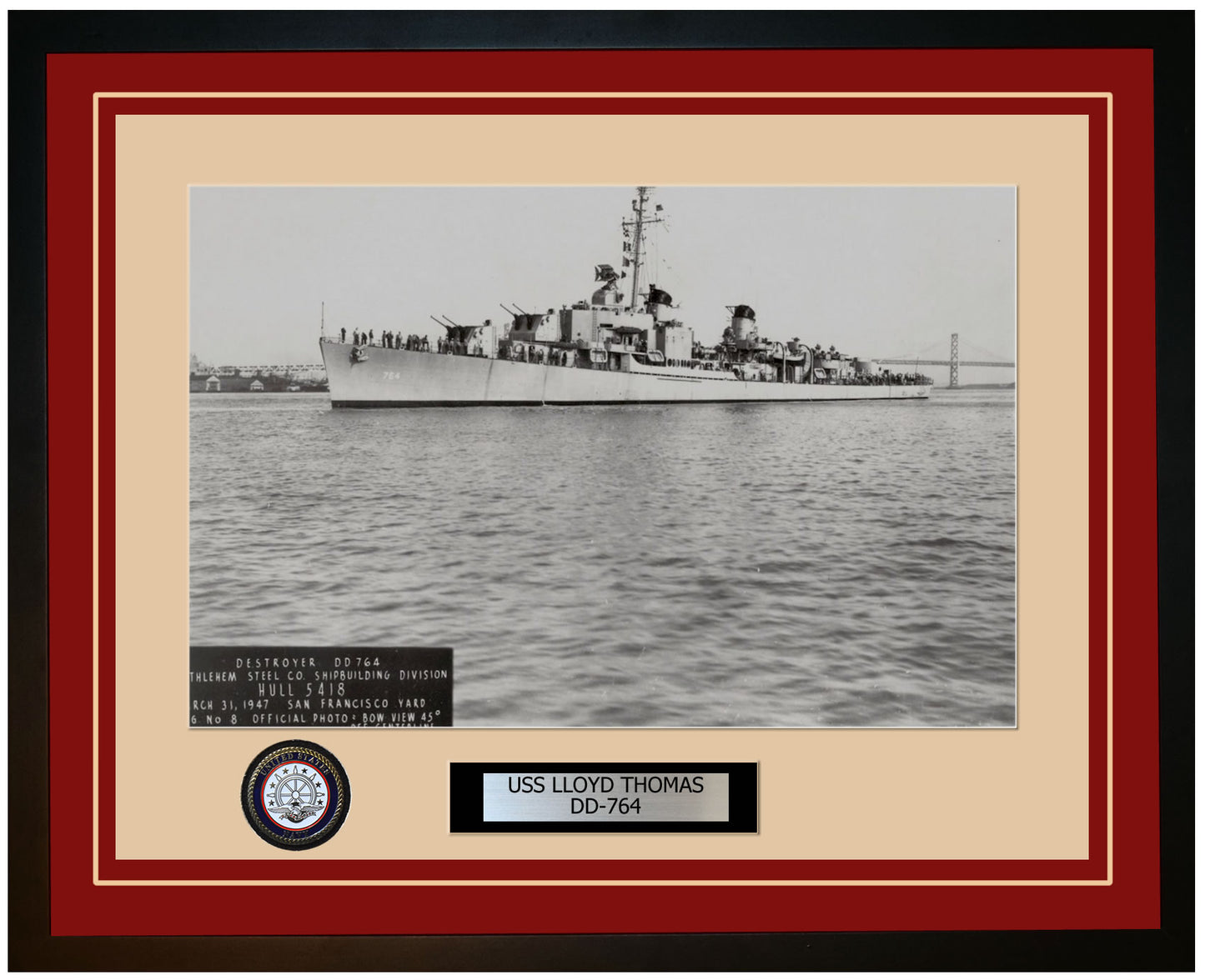 USS LLOYD THOMAS DD-764 Framed Navy Ship Photo Burgundy