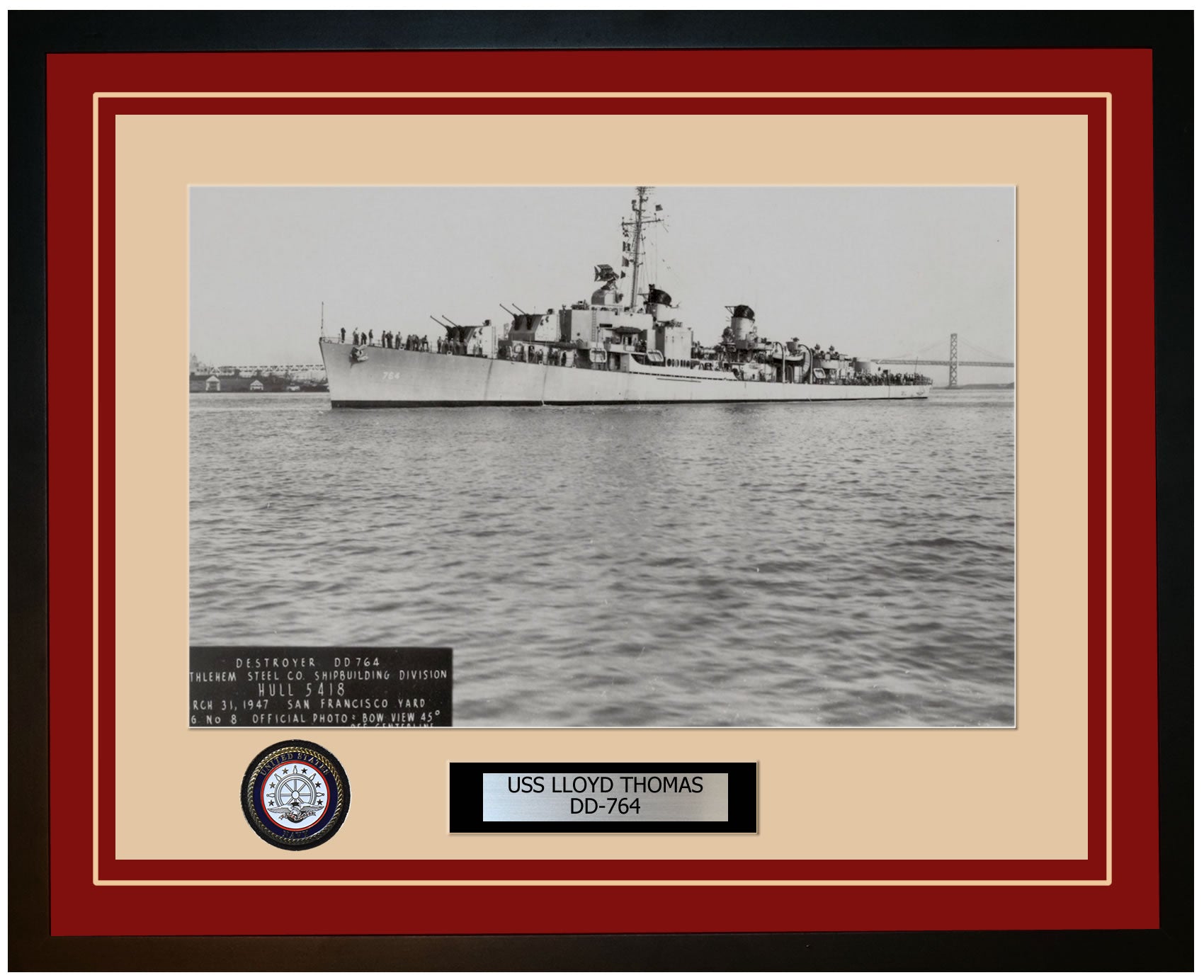 USS LLOYD THOMAS DD-764 Framed Navy Ship Photo Burgundy