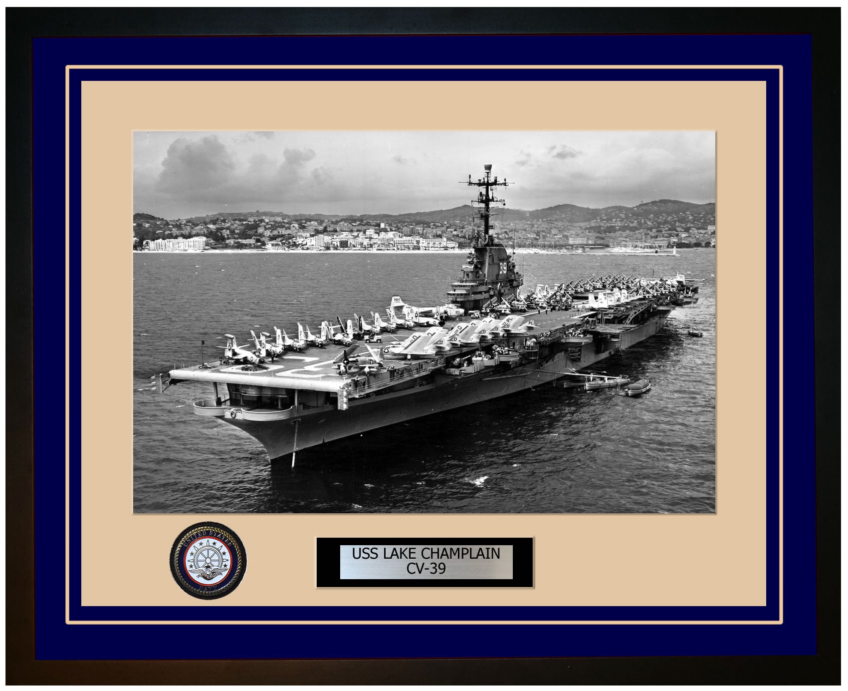 USS LAKE CHAMPLAIN CV-39 Framed Navy Ship Photo Blue