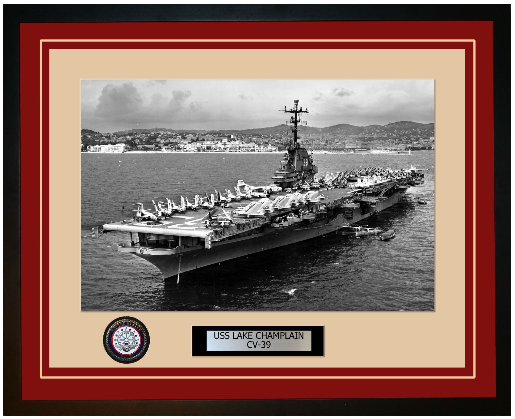 USS LAKE CHAMPLAIN CV-39 Framed Navy Ship Photo Burgundy