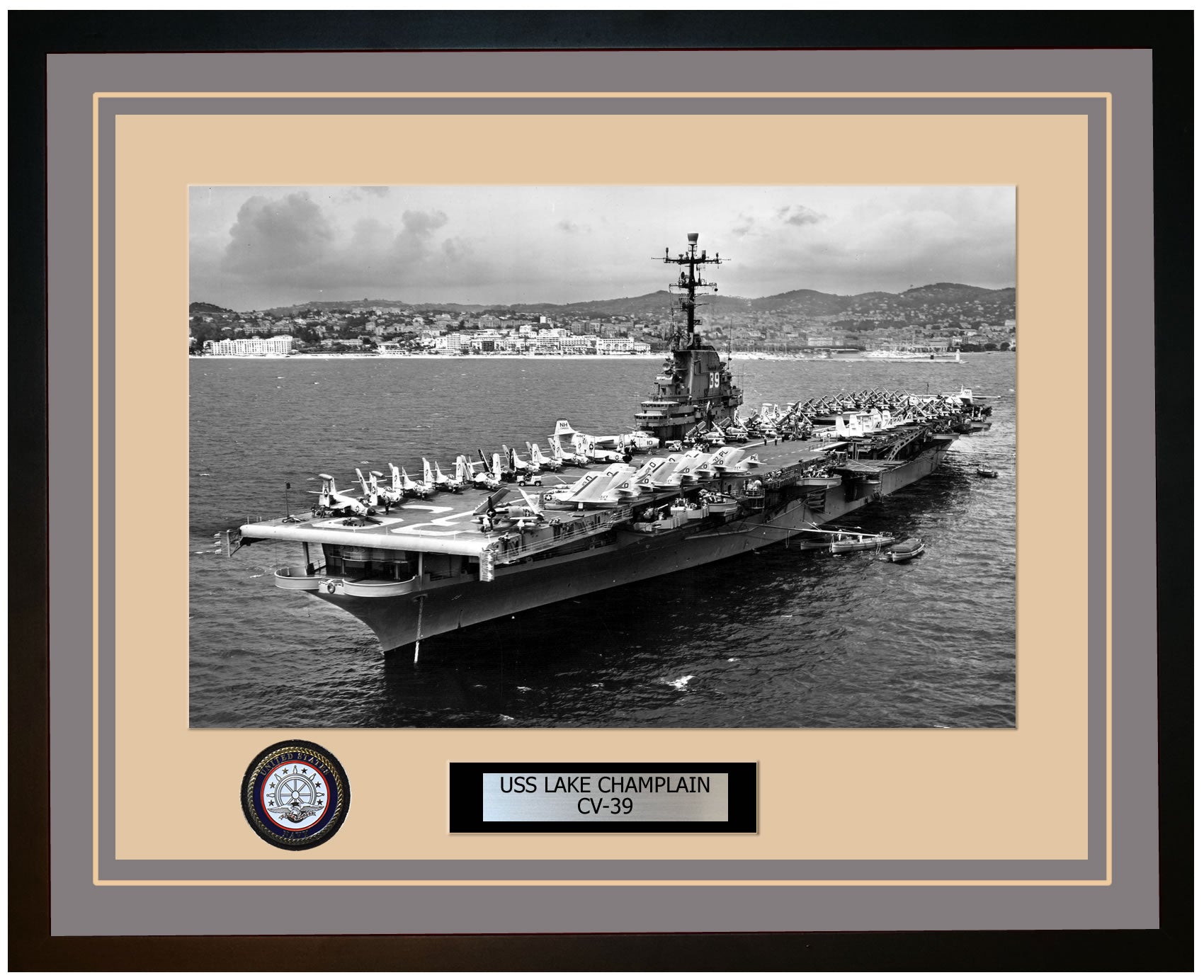 USS LAKE CHAMPLAIN CV-39 Framed Navy Ship Photo Grey