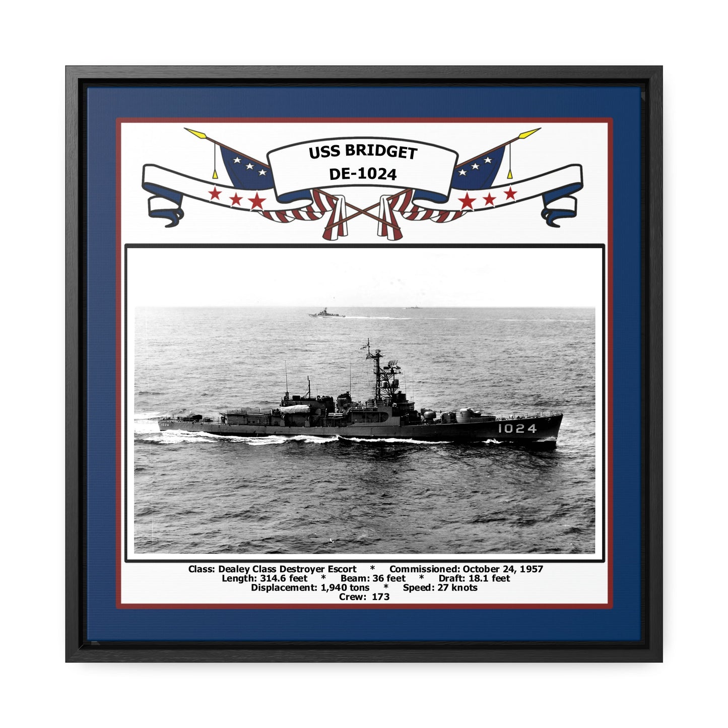USS Bridget DE-1024 Navy Floating Frame Photo Front View