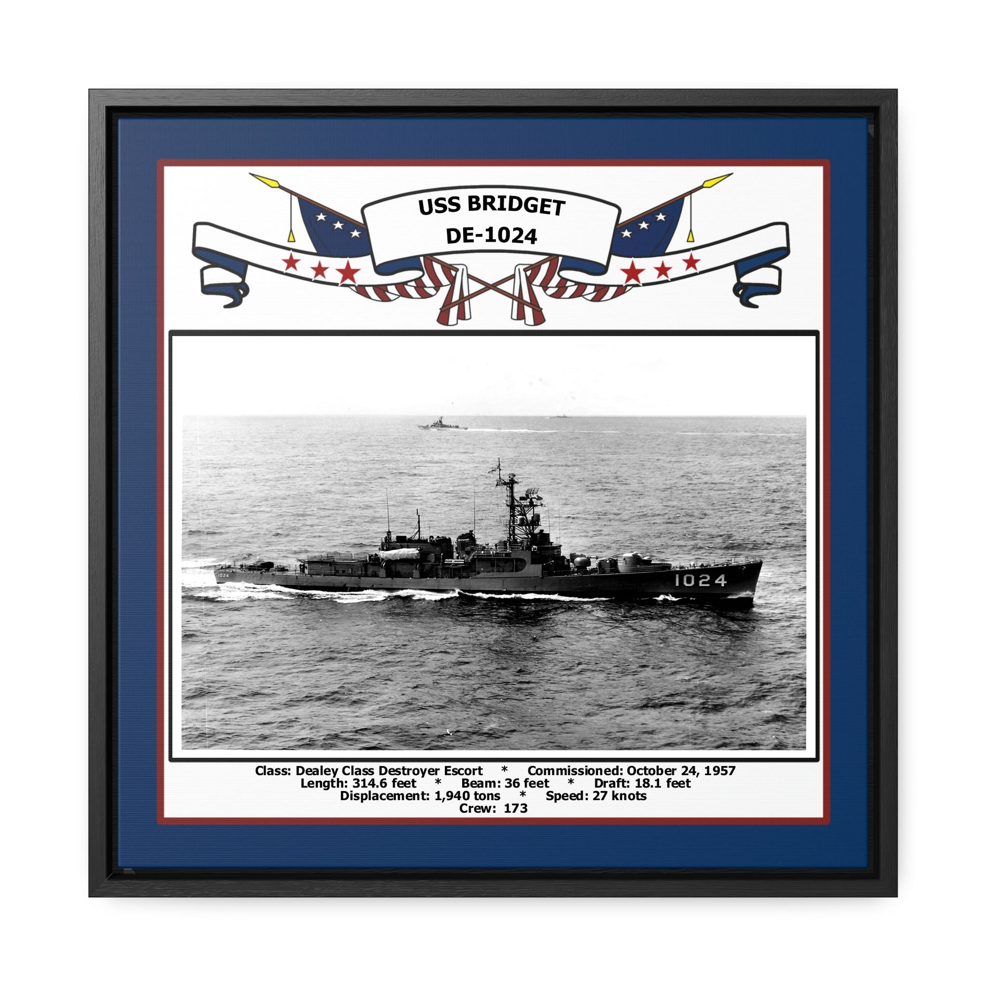 USS Bridget DE-1024 Navy Floating Frame Photo Front View