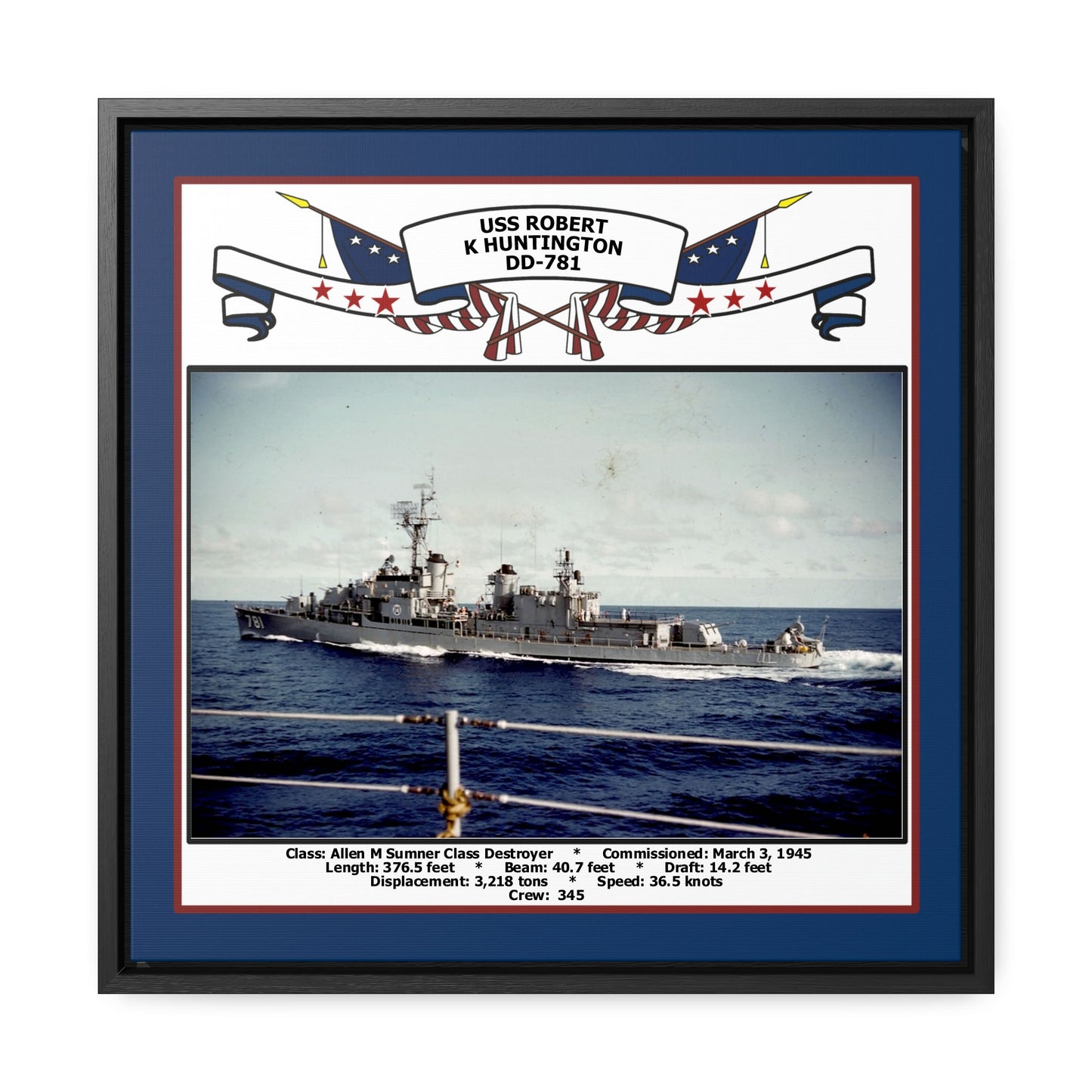 USS Robert K Huntington DD-781 Navy Floating Frame Photo Front View