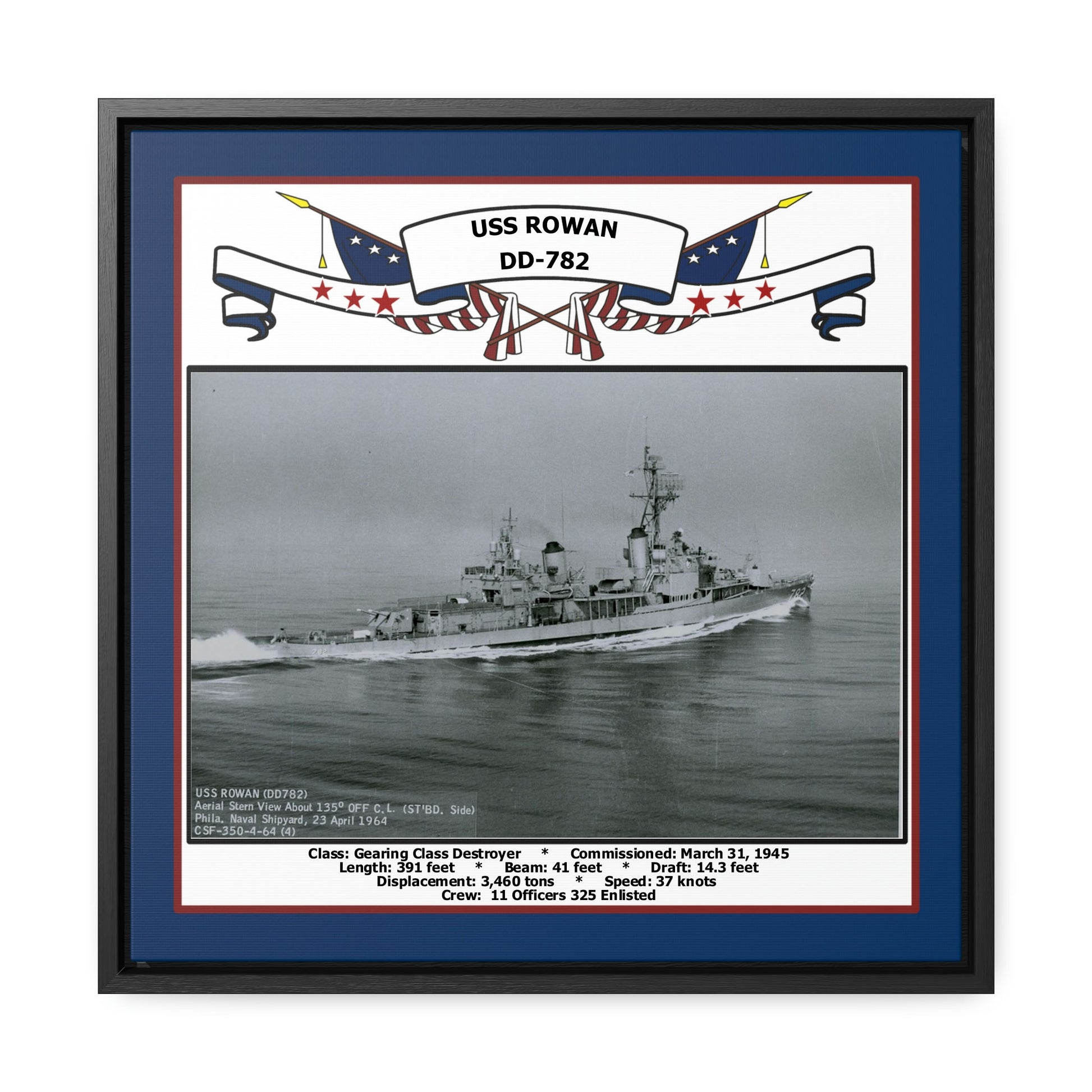 USS Rowan DD-782 Navy Floating Frame Photo Front View