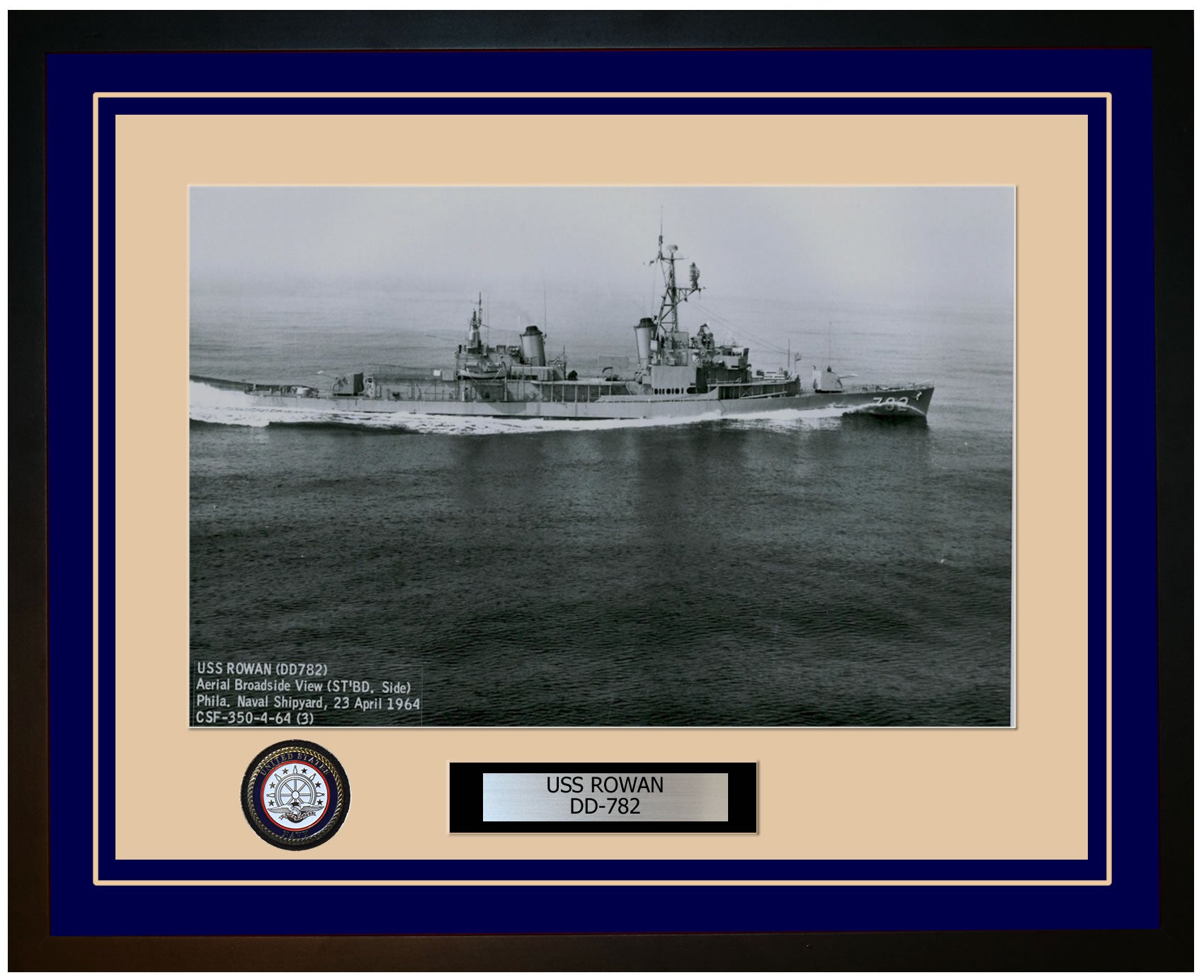 USS ROWAN DD-782 Framed Navy Ship Photo Blue