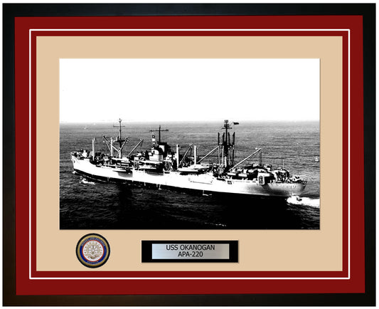 USS Okanogan APA-220 Framed Navy Ship Photo Burgundy