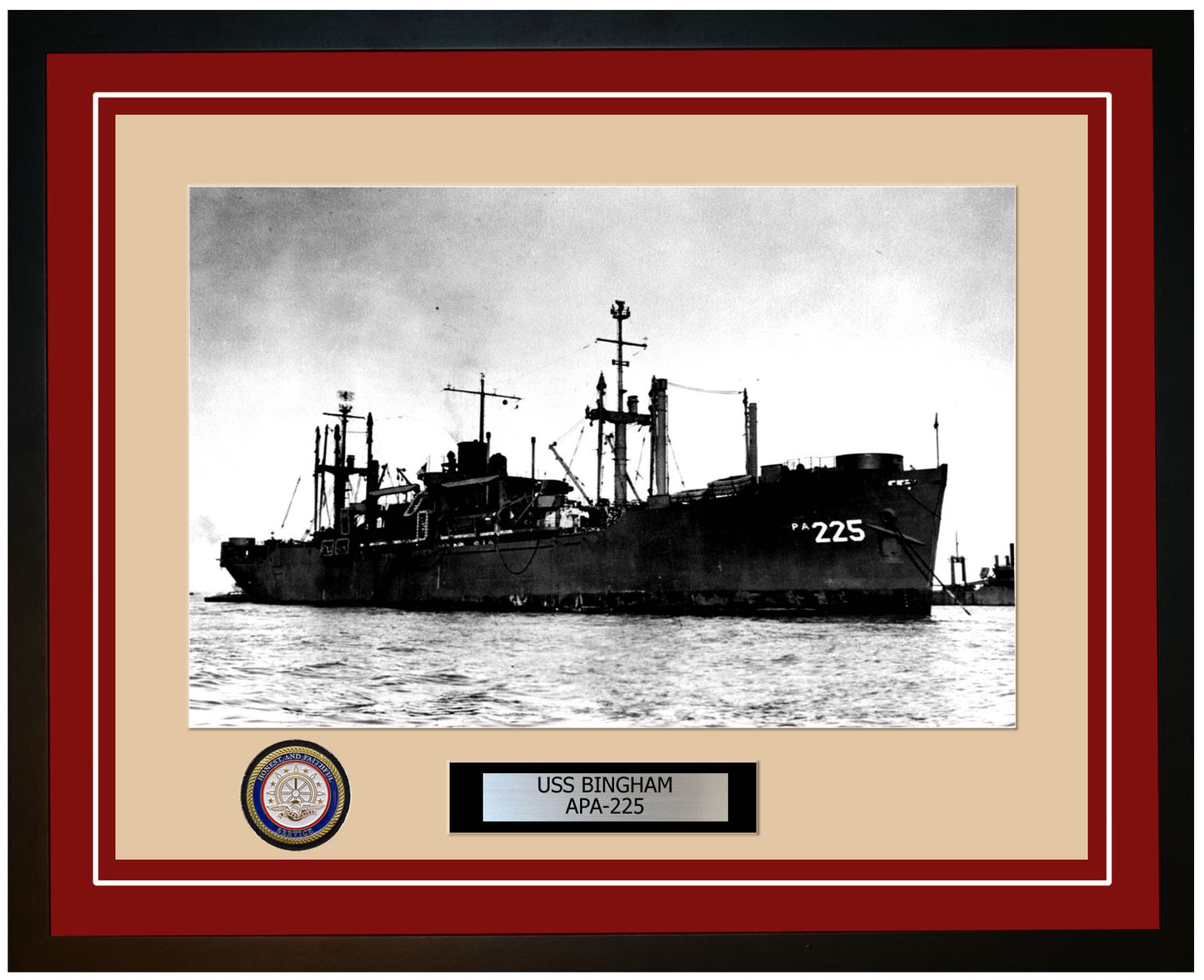 USS Bingham APA-225 Framed Navy Ship Photo Burgundy
