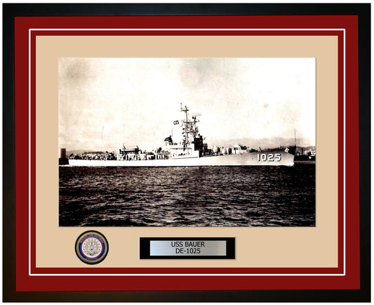 USS Bauer DE-1025 Framed Navy Ship Photo Burgundy