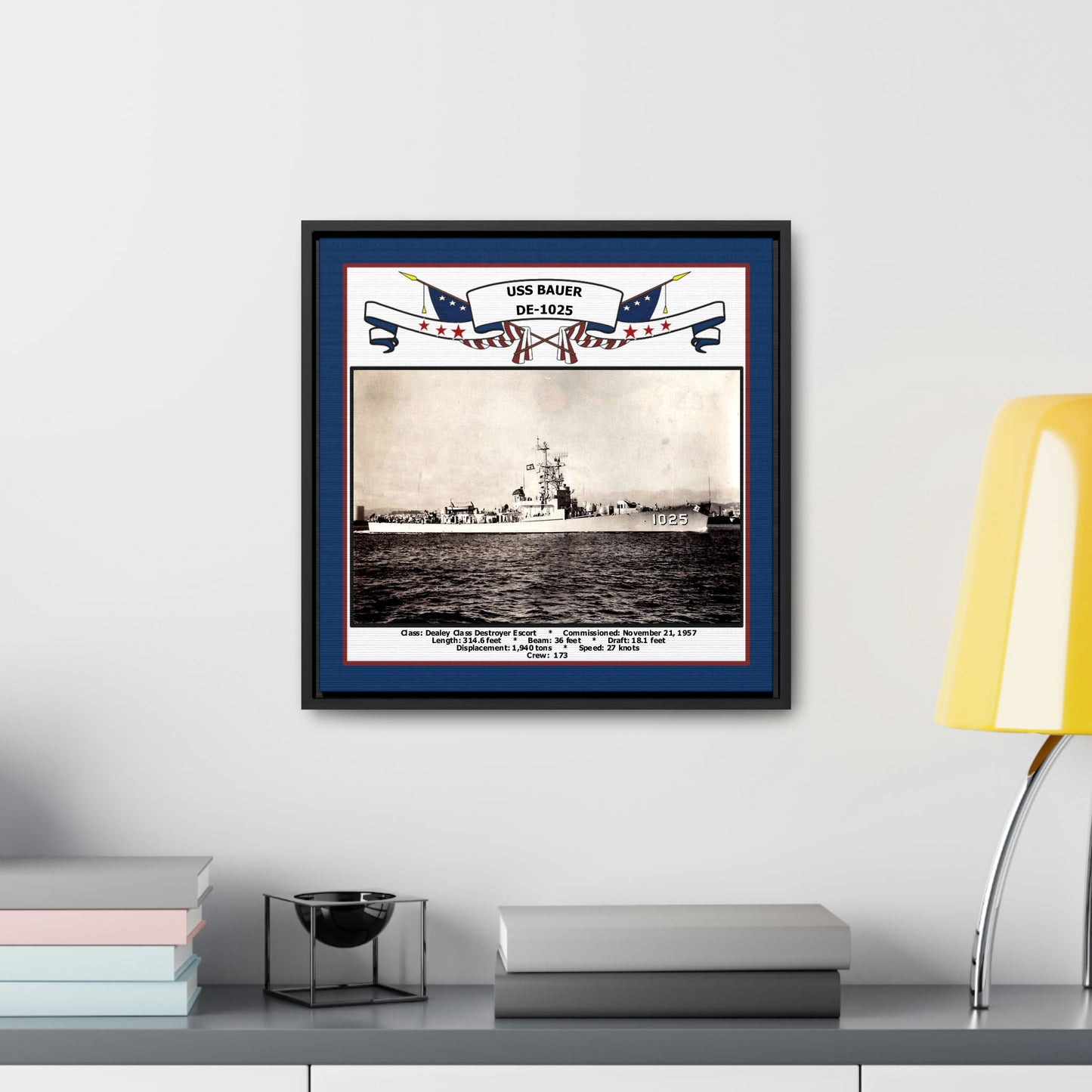 USS Bauer DE-1025 Navy Floating Frame Photo Desk View