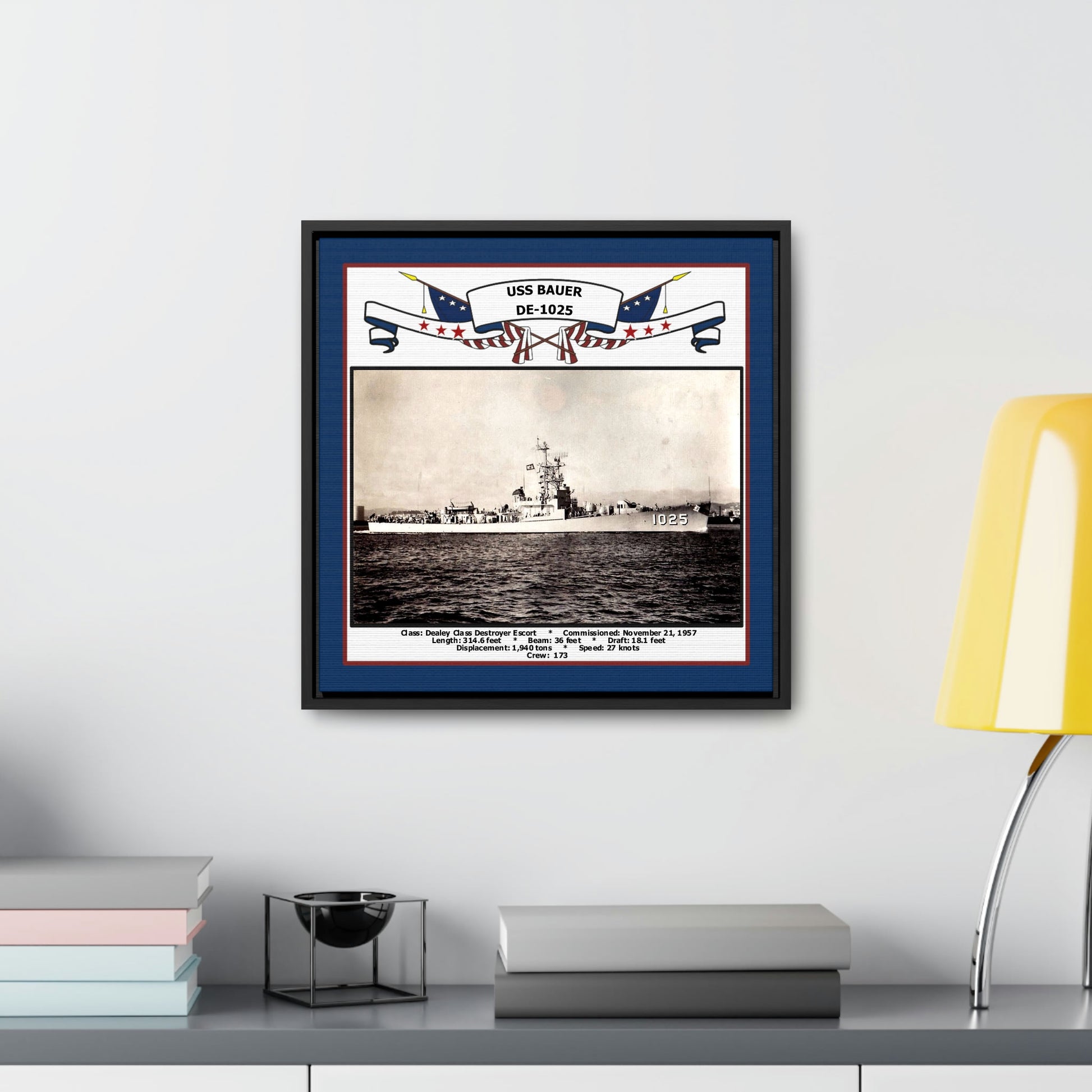 USS Bauer DE-1025 Navy Floating Frame Photo Desk View