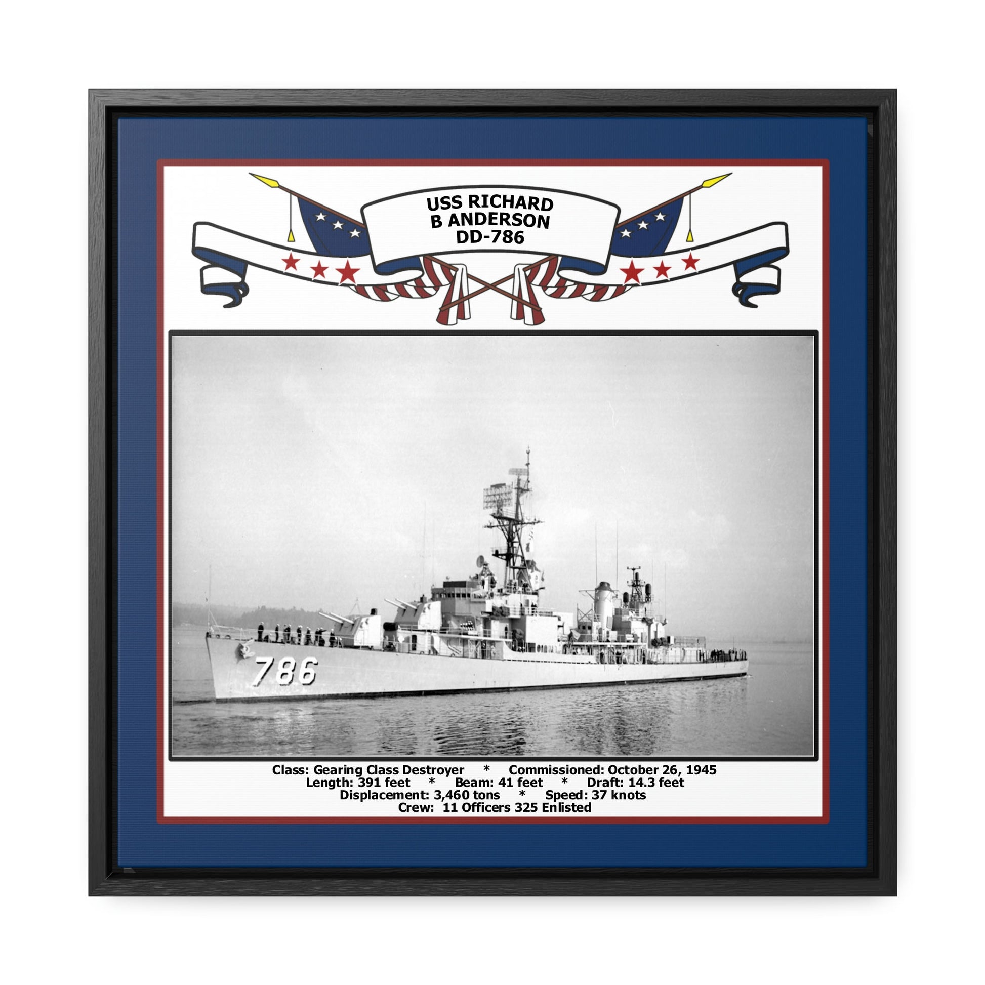 USS Richard B Anderson DD-786 Navy Floating Frame Photo Front View