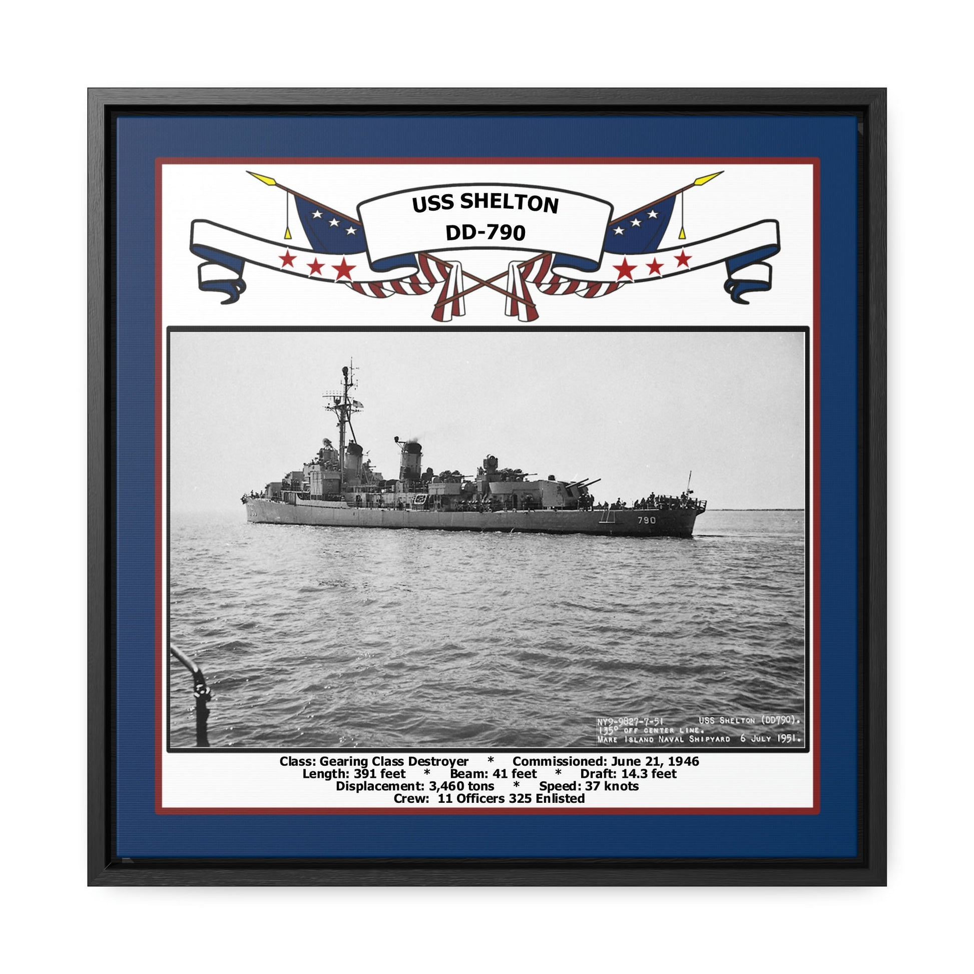 USS Shelton DD-790 Navy Floating Frame Photo Front View