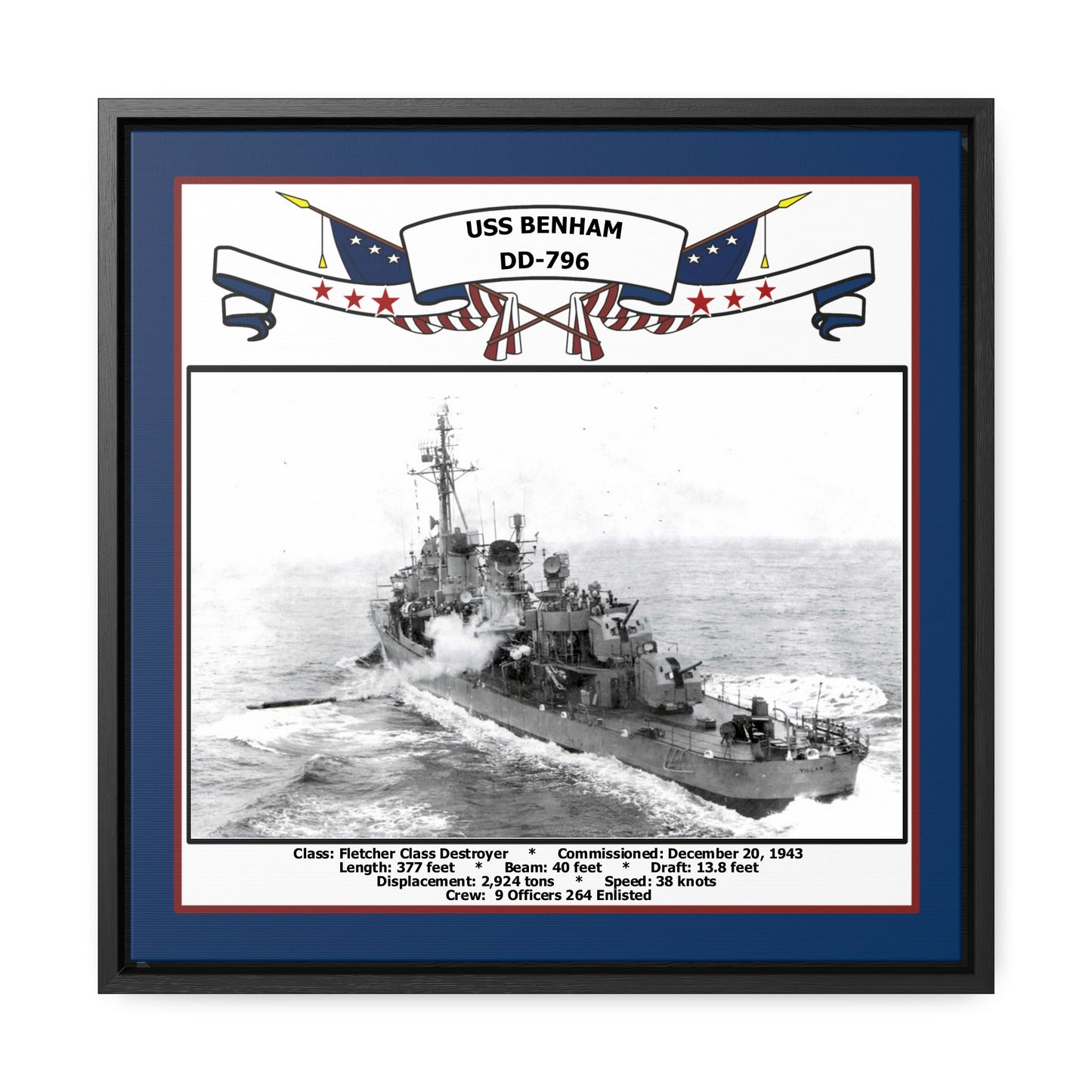 USS Benham DD-796 Navy Floating Frame Photo Front View