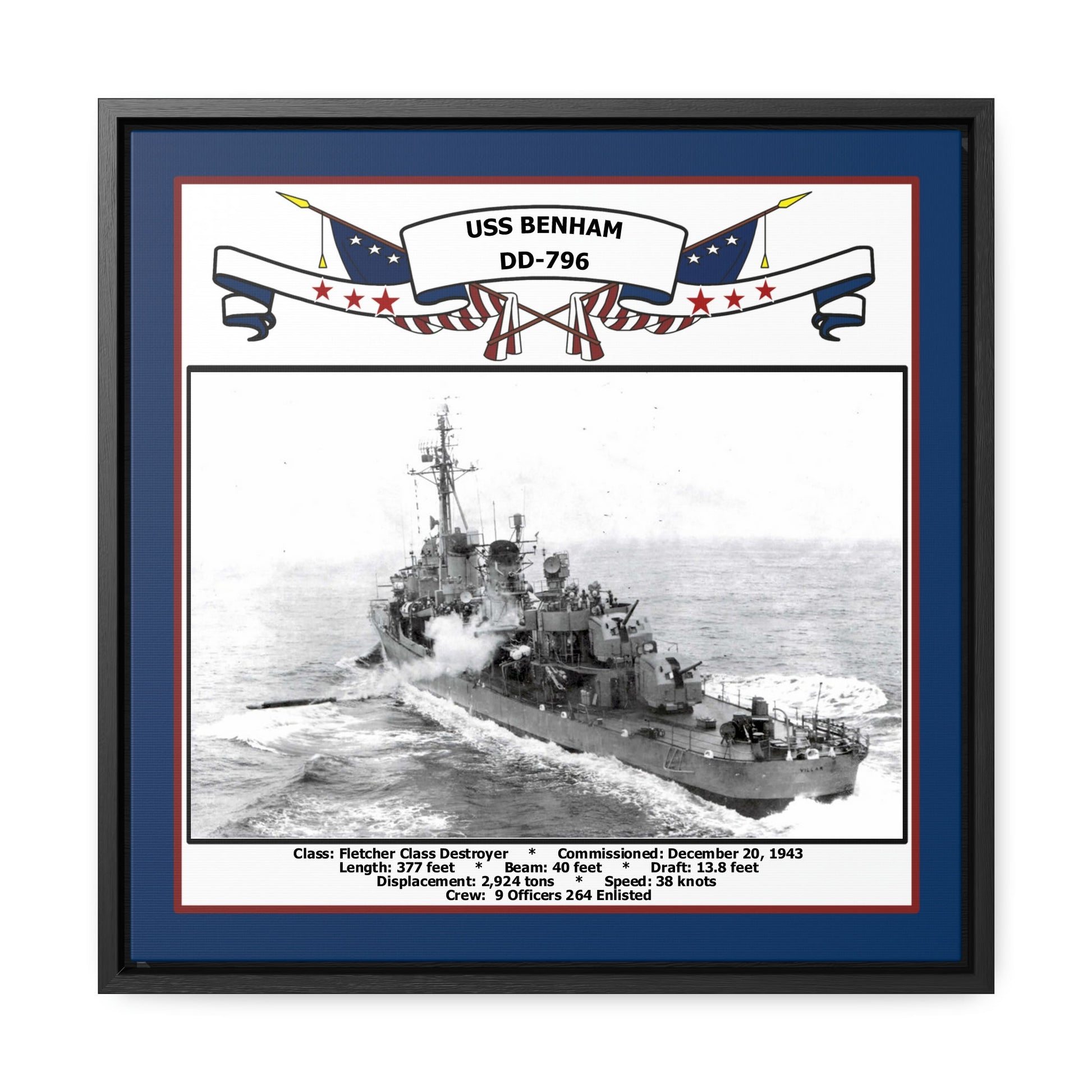 USS Benham DD-796 Navy Floating Frame Photo Front View