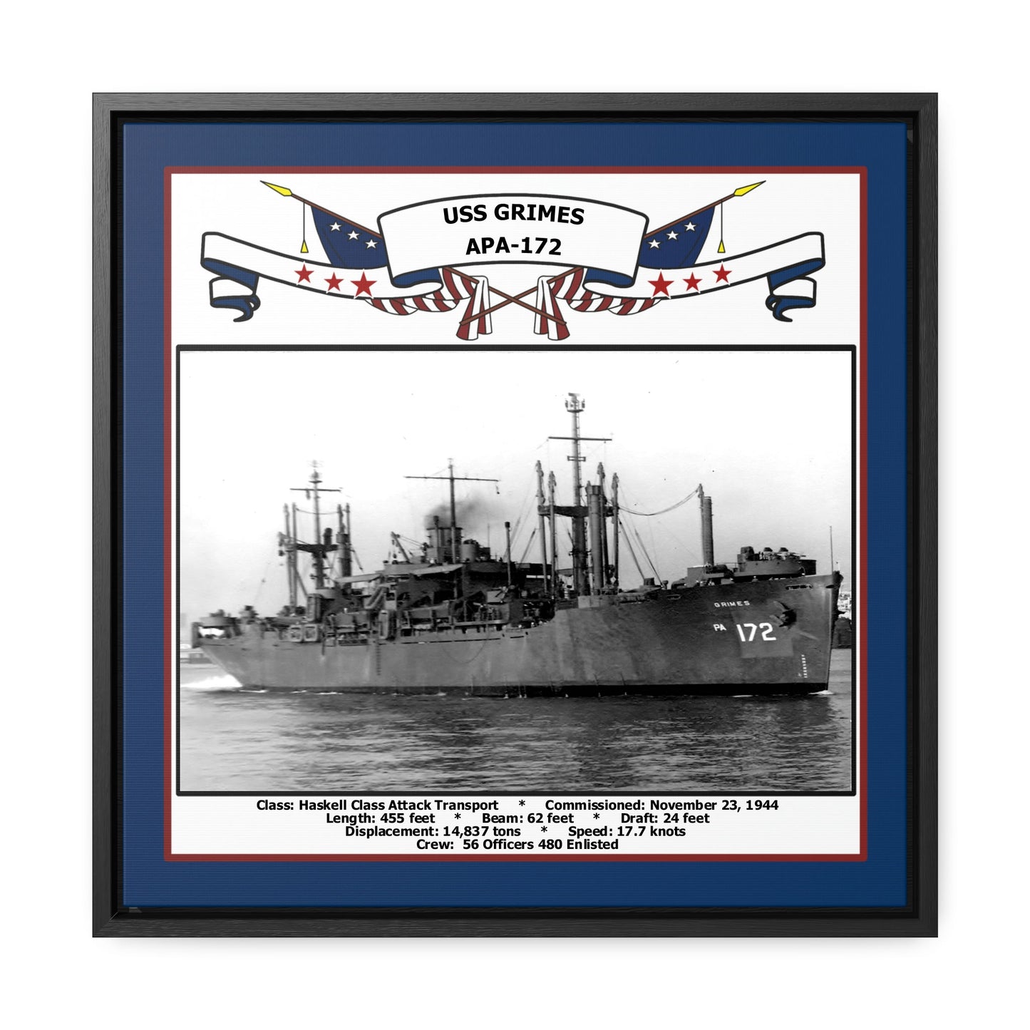 USS Grimes APA-172 Navy Floating Frame Photo Front View