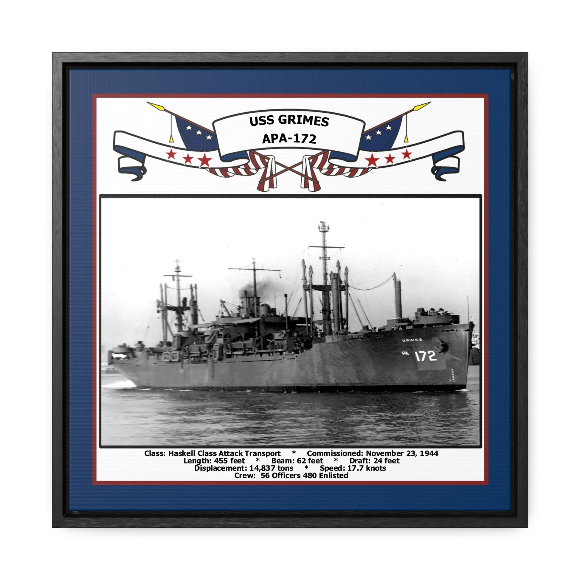 USS Grimes APA-172 Navy Floating Frame Photo Front View