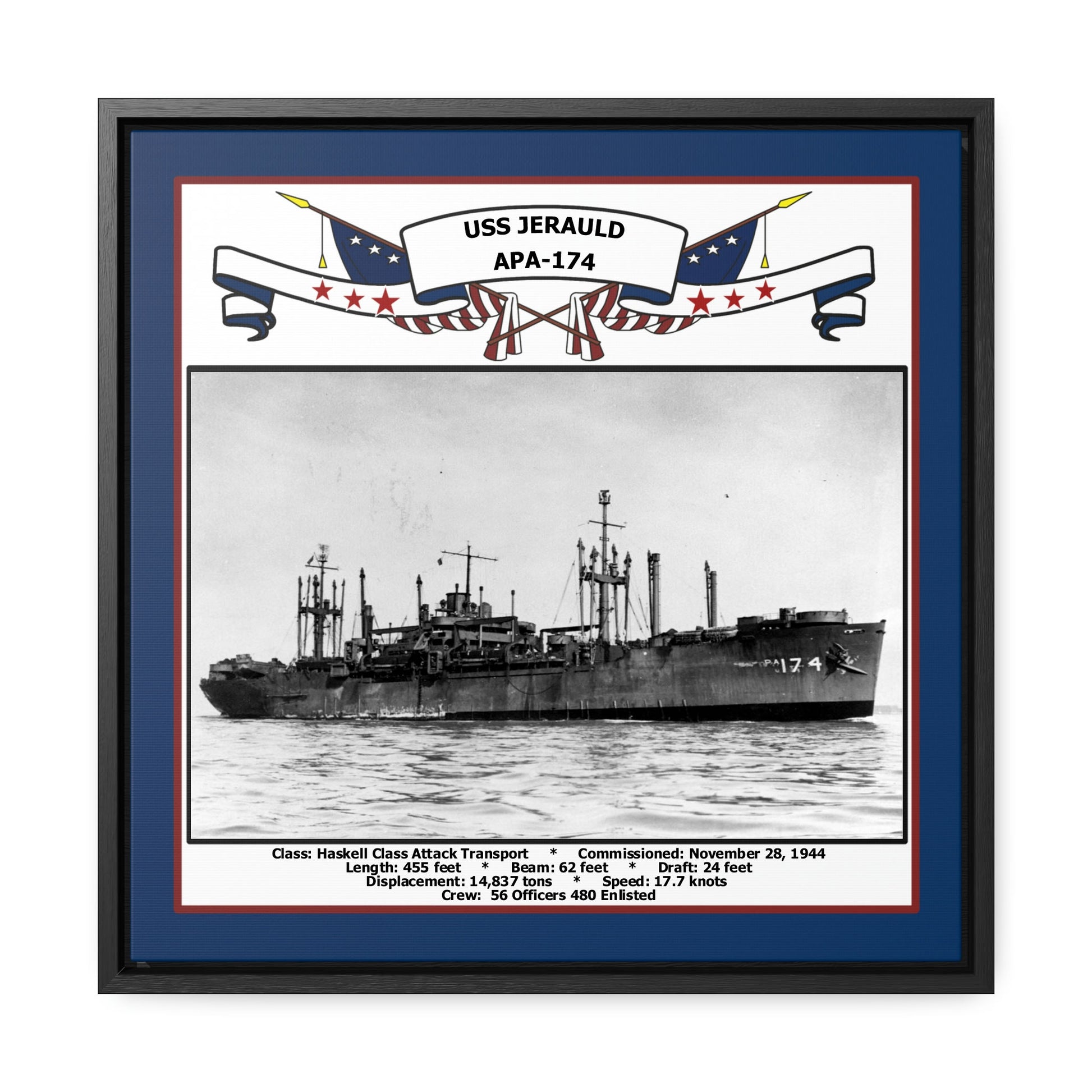 USS Jerauld APA-174 Navy Floating Frame Photo Front View