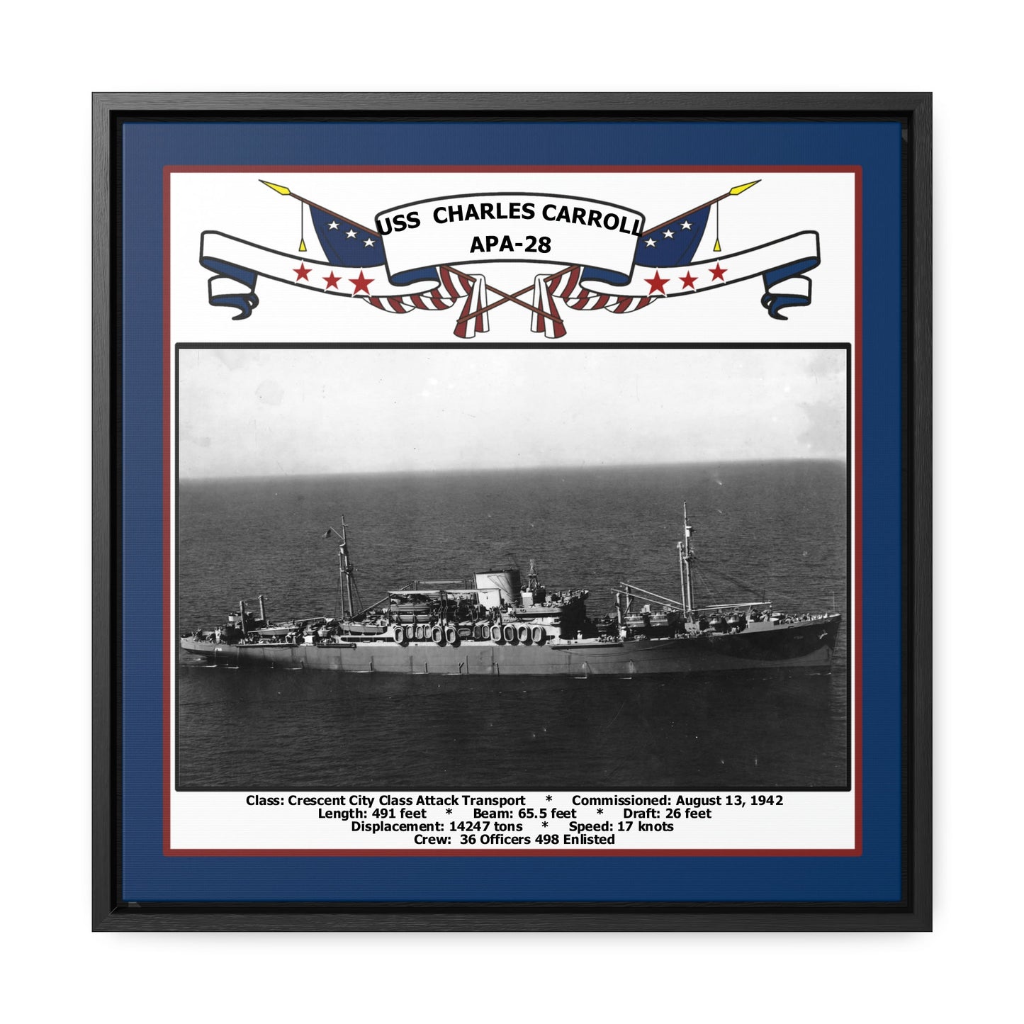 USS Charles Carroll APA-28 Navy Floating Frame Photo Front View