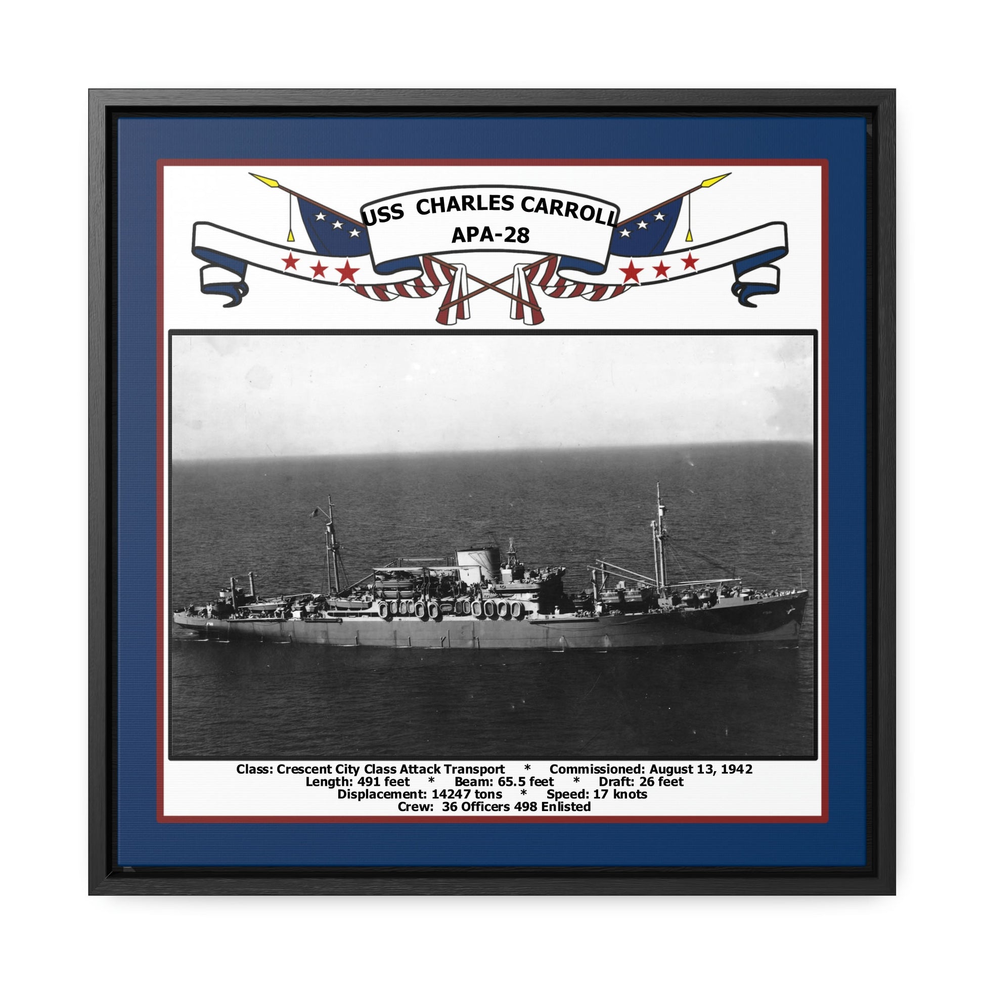 USS Charles Carroll APA-28 Navy Floating Frame Photo Front View
