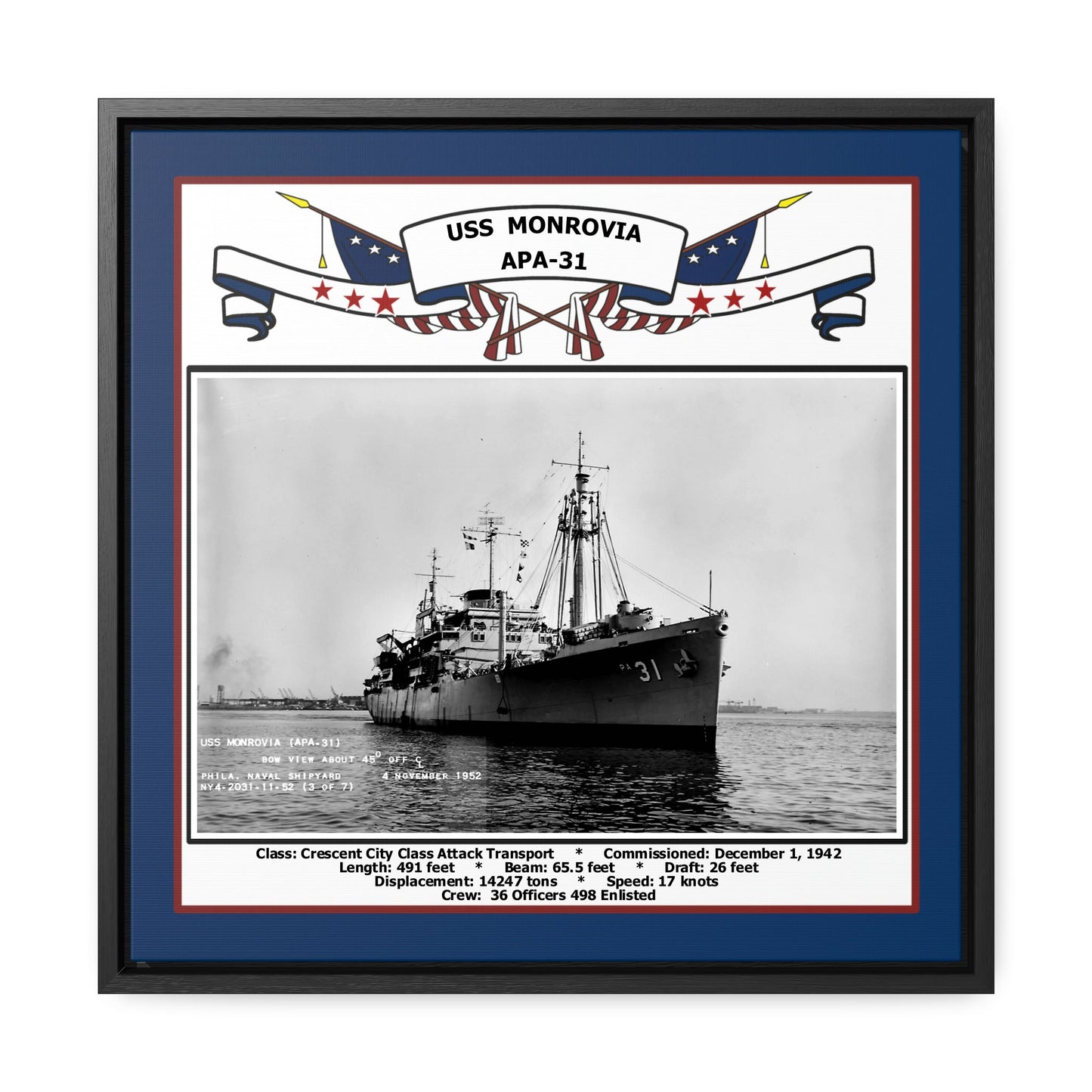 USS Monrovia APA-31 Navy Floating Frame Photo Front View