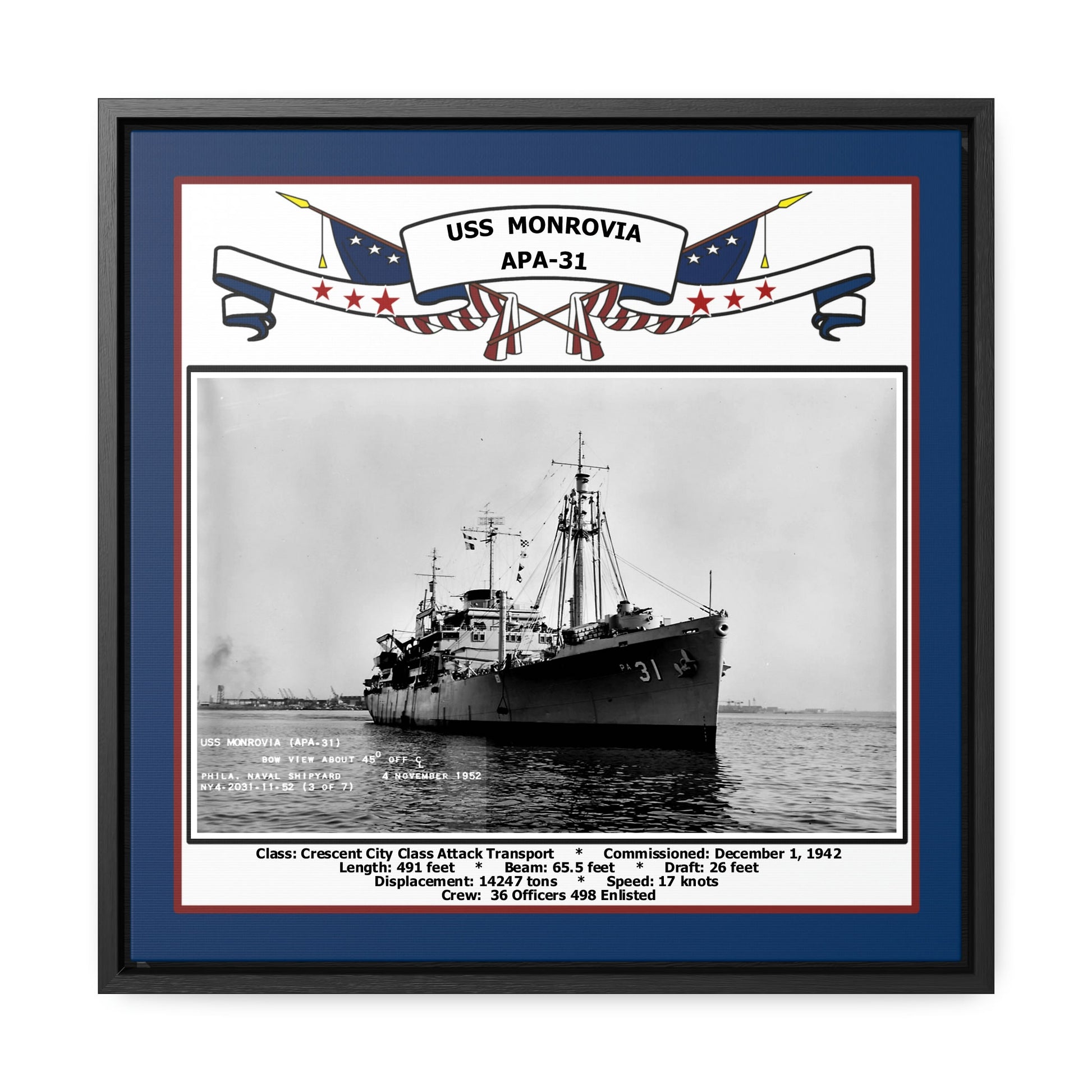 USS Monrovia APA-31 Navy Floating Frame Photo Front View