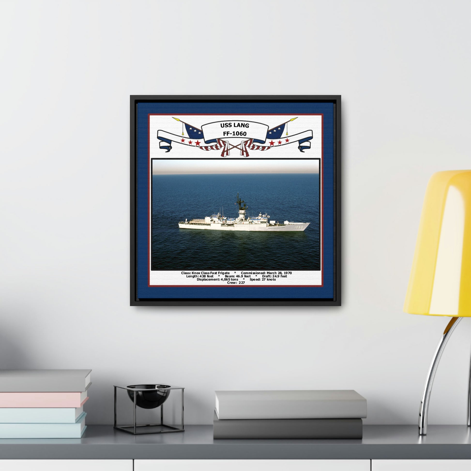 USS Lang FF-1060 Navy Floating Frame Photo Desk View